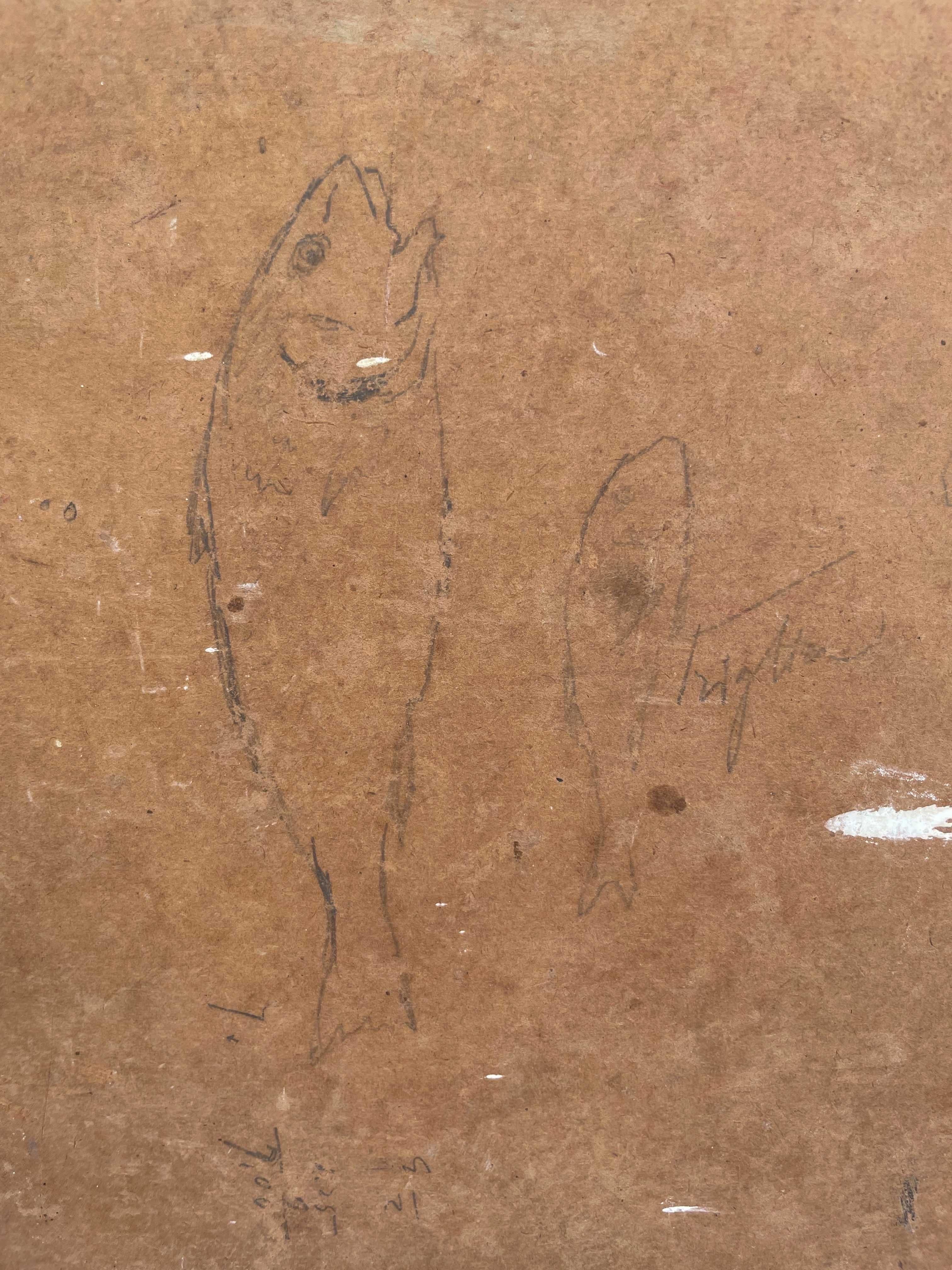 Boceto de pescado recién pescado colgado de una cuerda. Escuela italiana. en venta 9