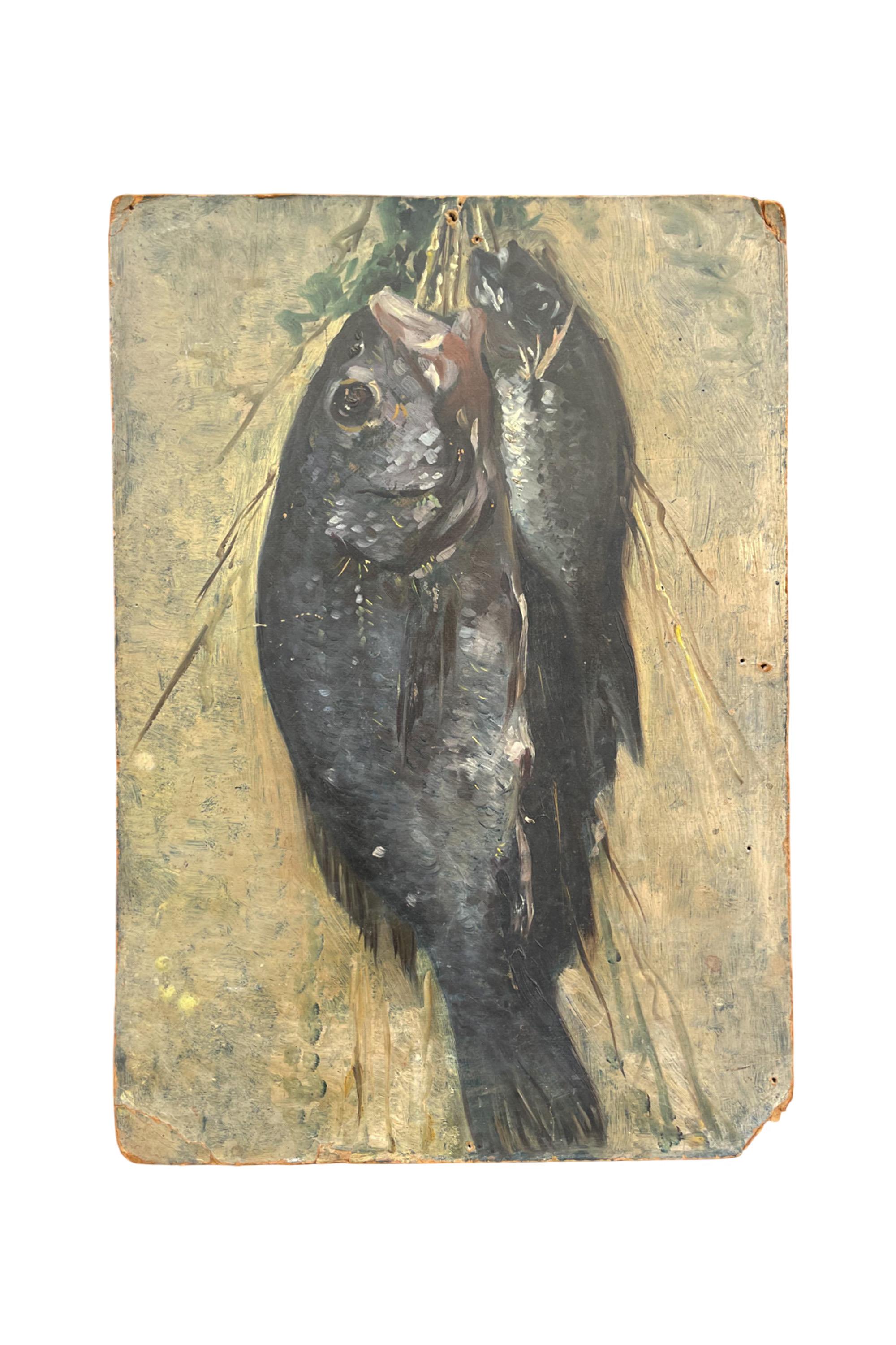 Still-Life Painting de Unknown - Boceto de pescado recién pescado colgado de una cuerda. Escuela italiana.