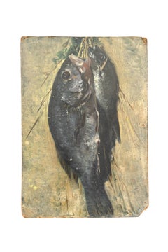 Boceto de pescado recién pescado colgado de una cuerda. Escuela italiana.
