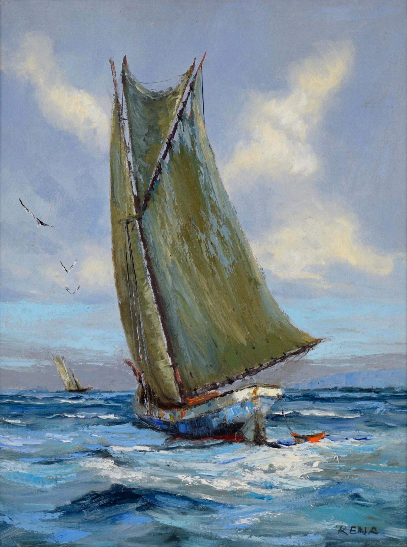 Balandra rumbo al mar - Paisaje marino al óleo sobre lienzo - Painting de Unknown