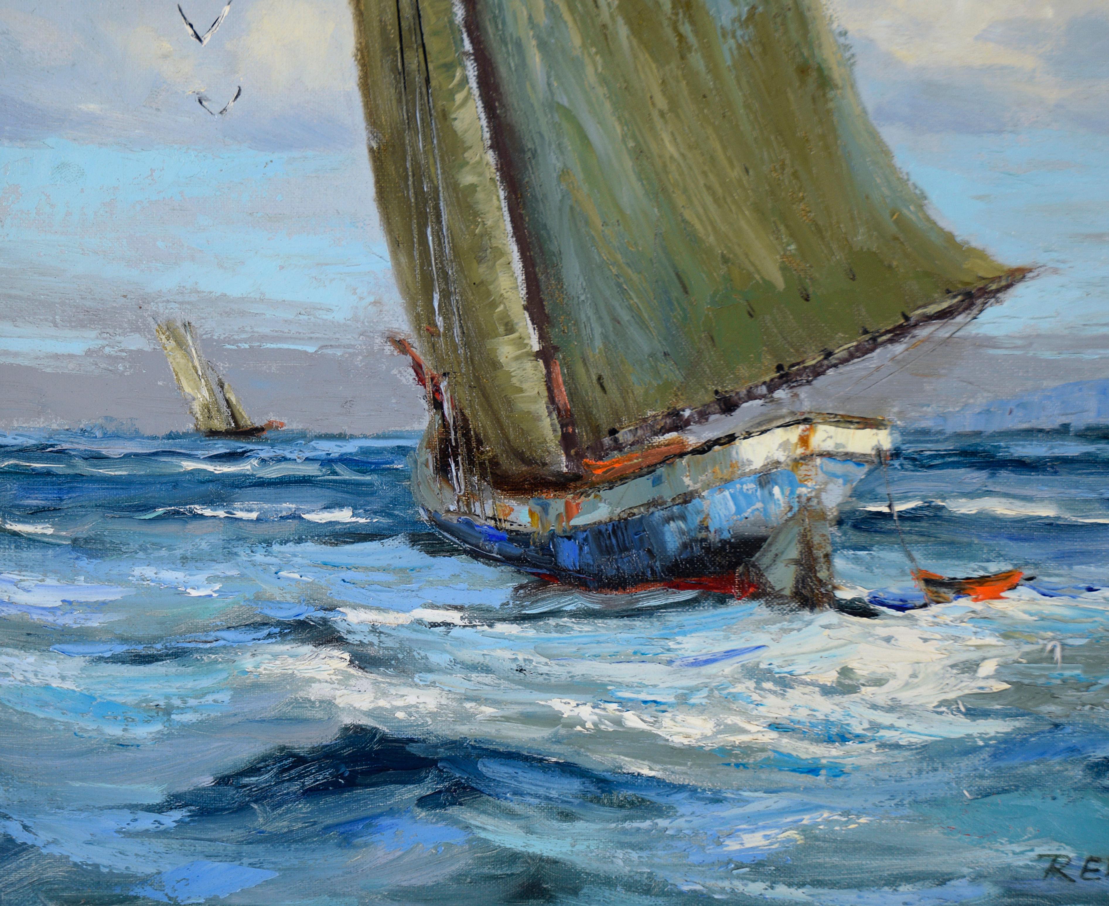 Balandra rumbo al mar - Paisaje marino al óleo sobre lienzo

Paisaje marino de un velero por artista desconocido Rena (Siglo XX). Una balandra se aleja del espectador, como si se dirigiera mar adentro. Hay otro barco a lo lejos. Unas cuantas
