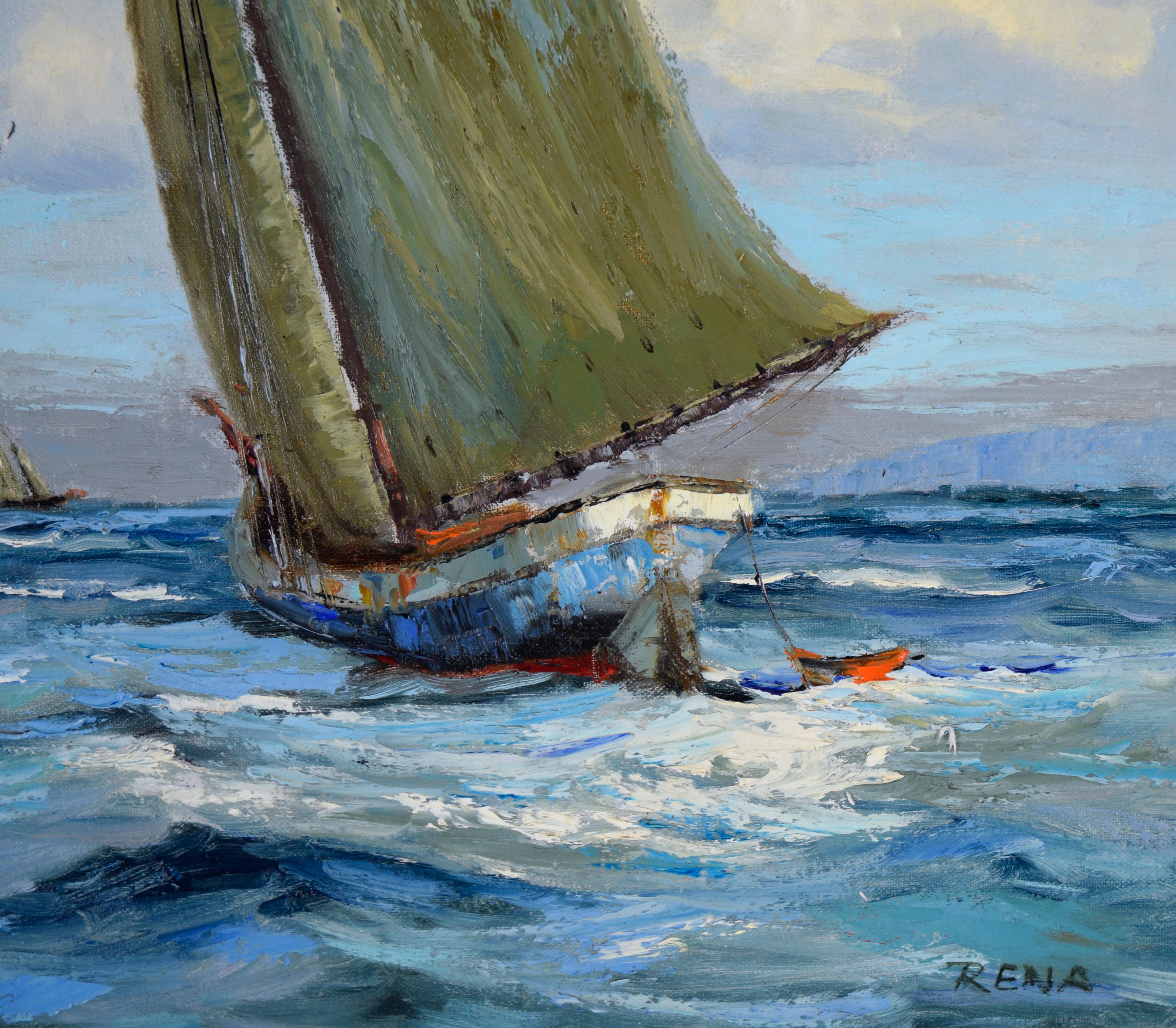 Sloop Headed out to Sea - Meereslandschaft in Öl auf Leinwand im Angebot 1