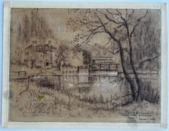 Sluice Gate and Footbridge River Ember East Molesey Surrey Charcoal 1950