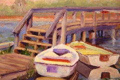Small Cool Toned Pastel Boat Dock at Sunrise Impressionist Landscape Painting