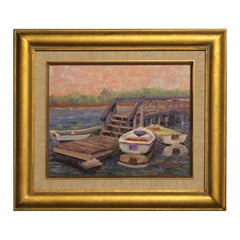 Small Cool Toned Pastel Boat Dock at Sunrise Impressionist Landscape Painting