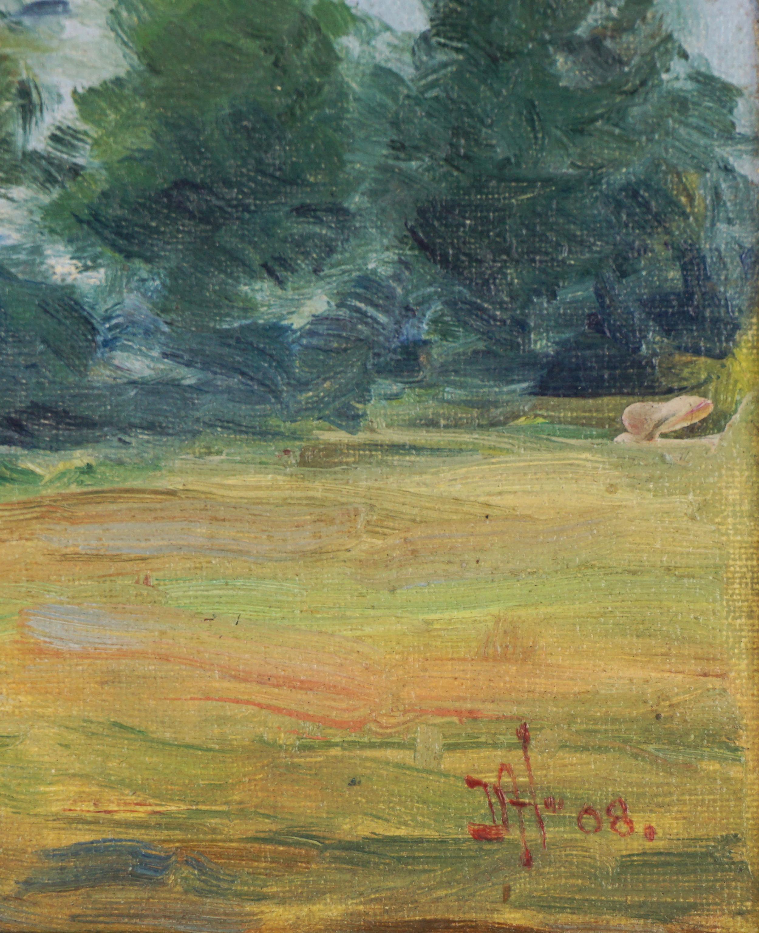 Kleine kalifornische Plein Air Kiefernholz-Landschaft aus dem frühen 20. Jahrhundert (Braun), Landscape Painting, von Unknown