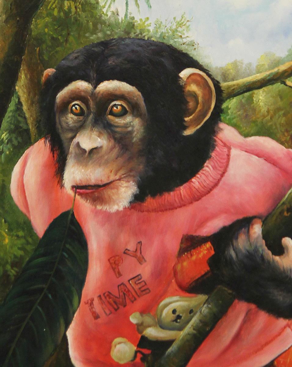 Realistic painting of a black chimpanzee clutching on to a tree branch against a forest backdrop. Chimpanzee wears a red shirt with a text that reads 