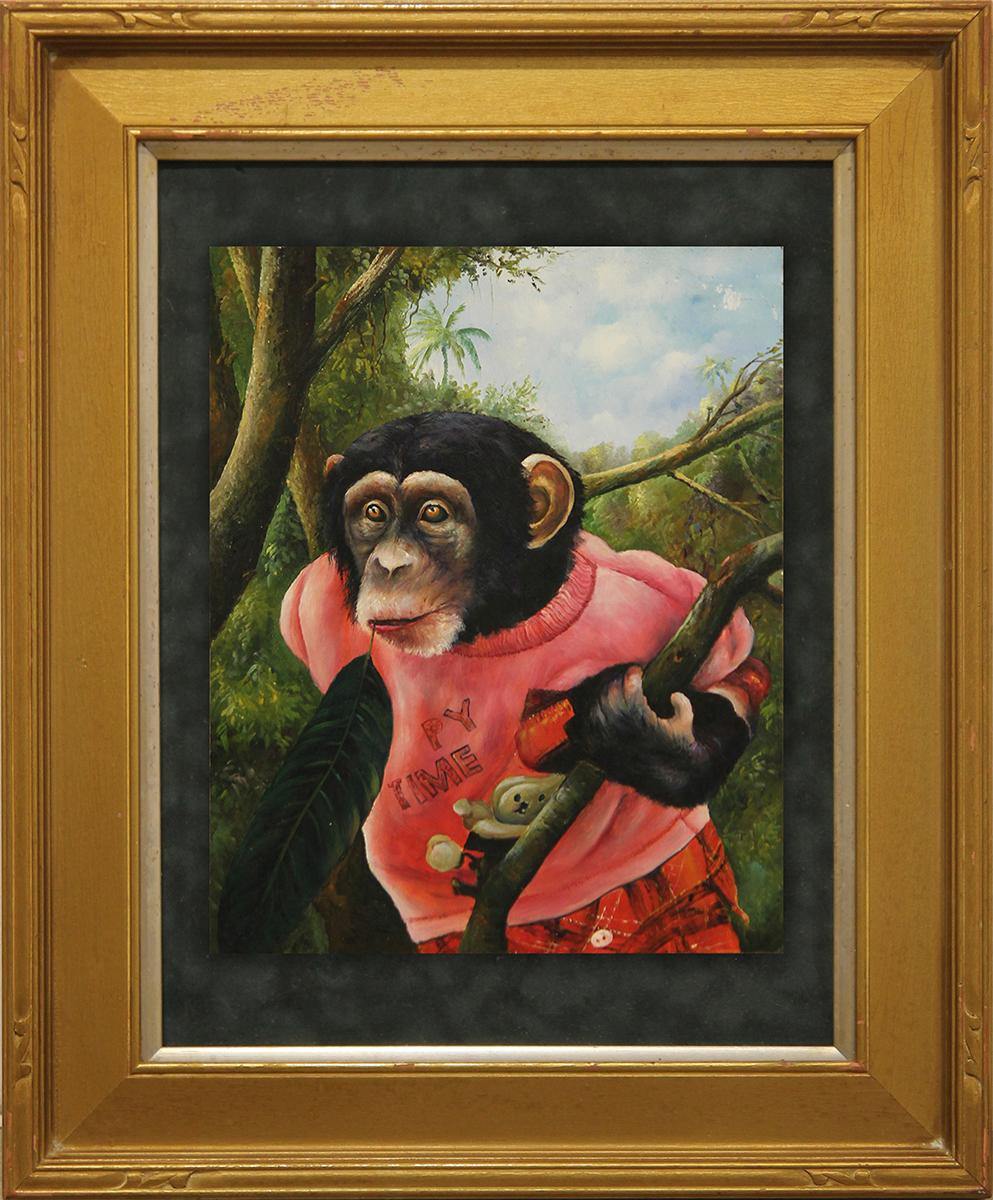 Unknown Animal Painting - Small Green and Red Toned Realistic Painting of a Chimpanzee Wearing a Red Shirt