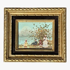 Small impressionistic oil painting of a summers day vivid blue sky and ladies