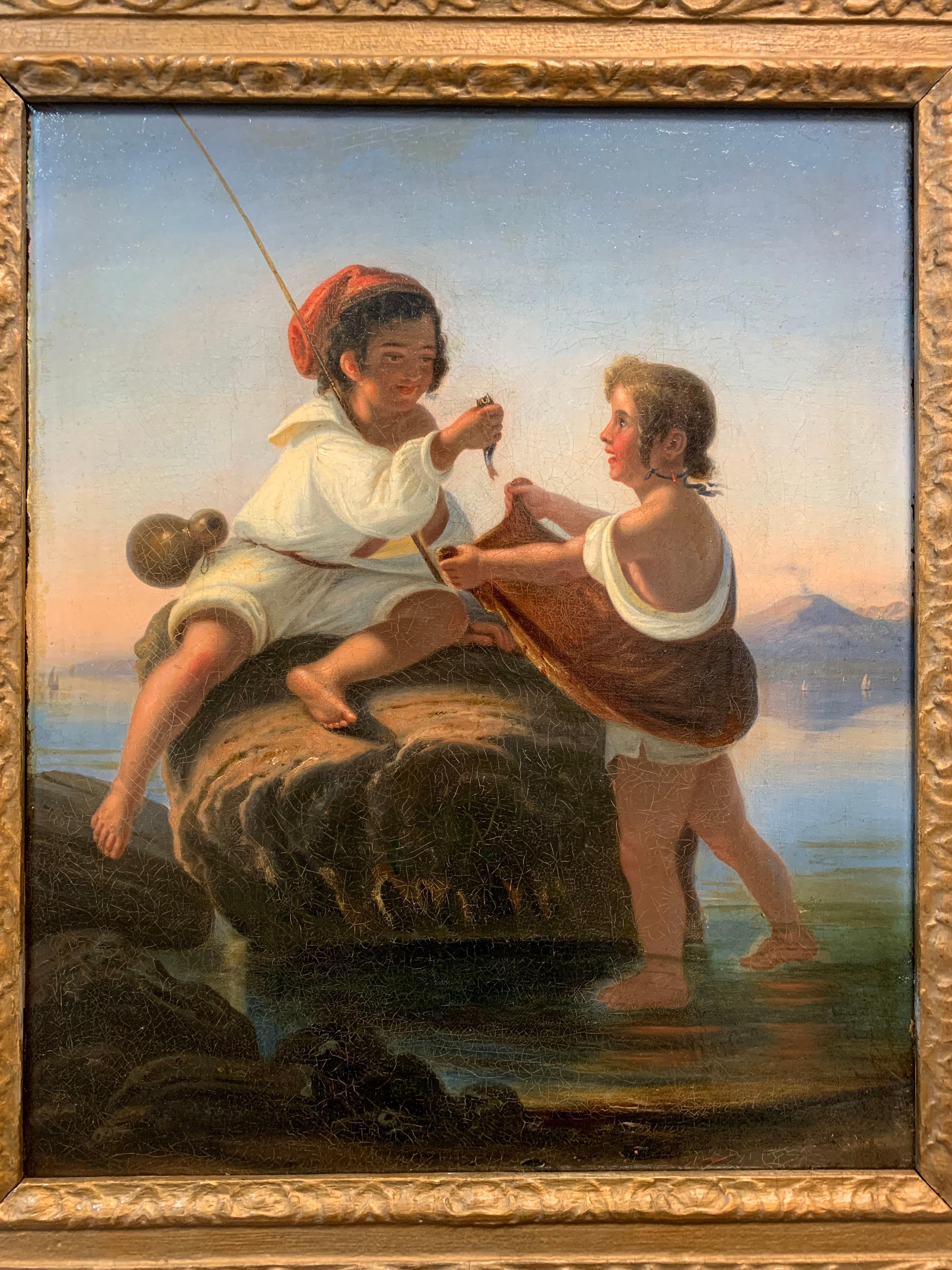 Small Neapolitan fishermen. XIX century. With Gulf of Naples and Vesuvius For Sale 6