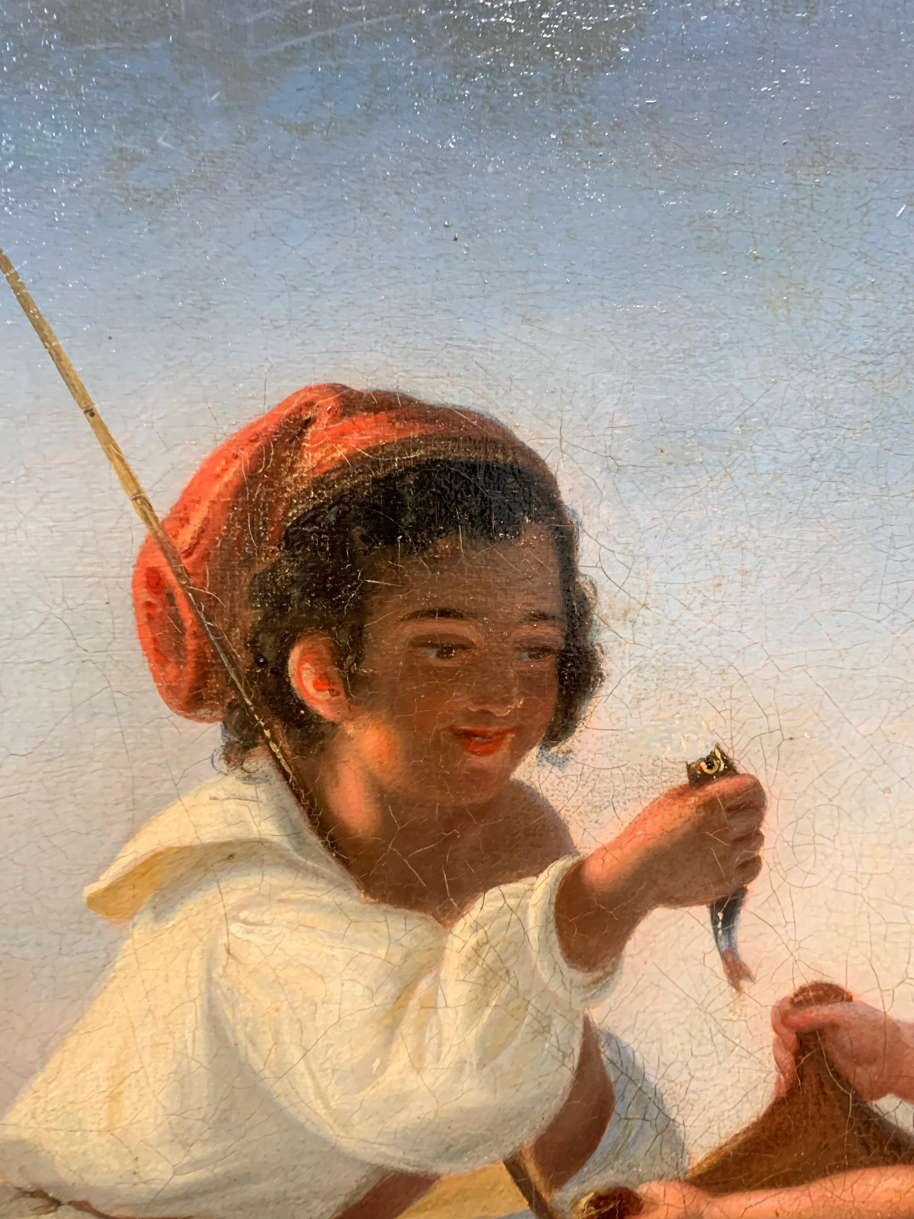 Petits pêcheurs napolitaines. XIXe siècle. Avec le golfe de Naples et le Vésuve - Painting de Unknown