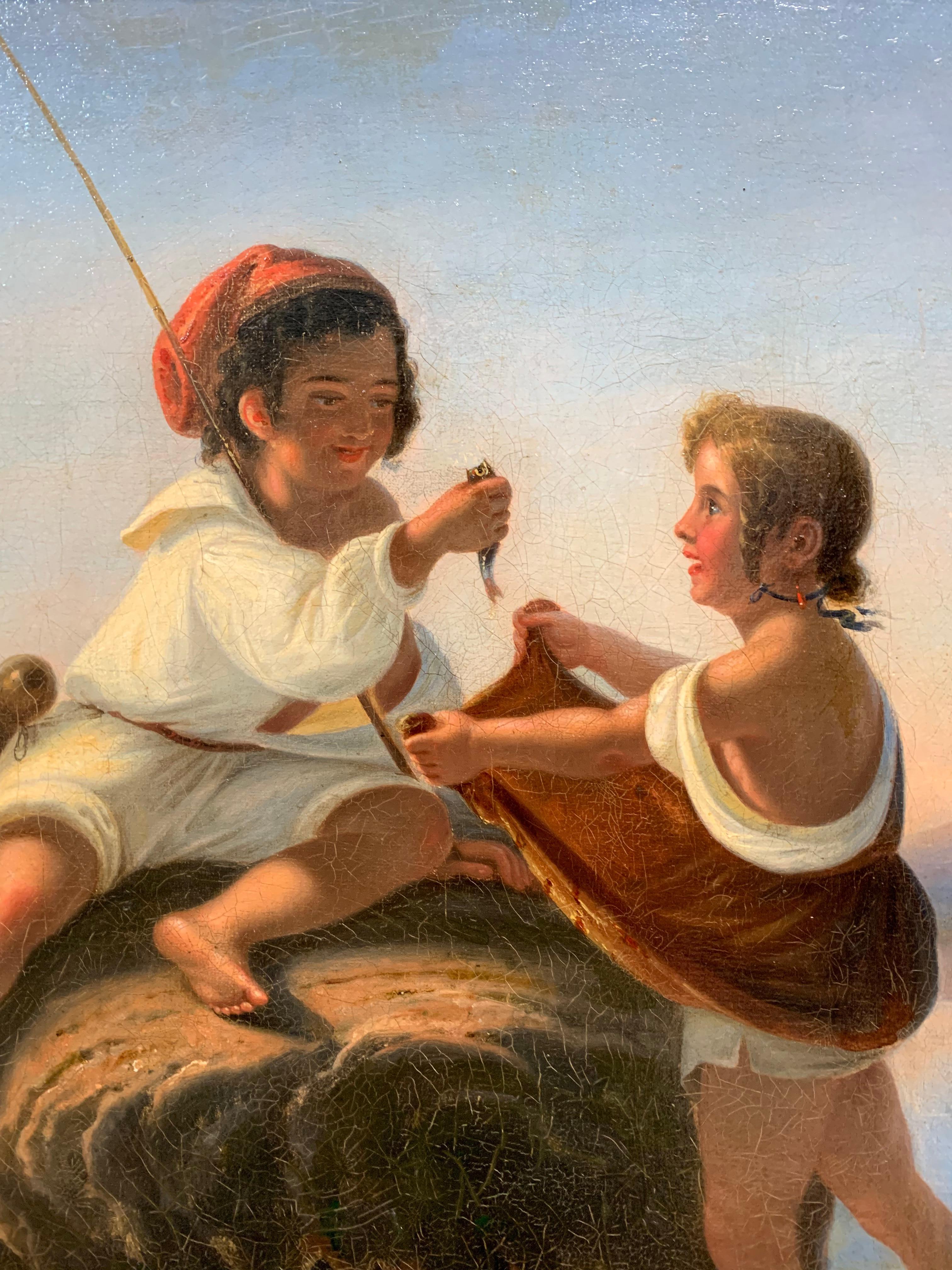Small Neapolitan fishermen. XIX century. With Gulf of Naples and Vesuvius - Romantic Painting by Unknown