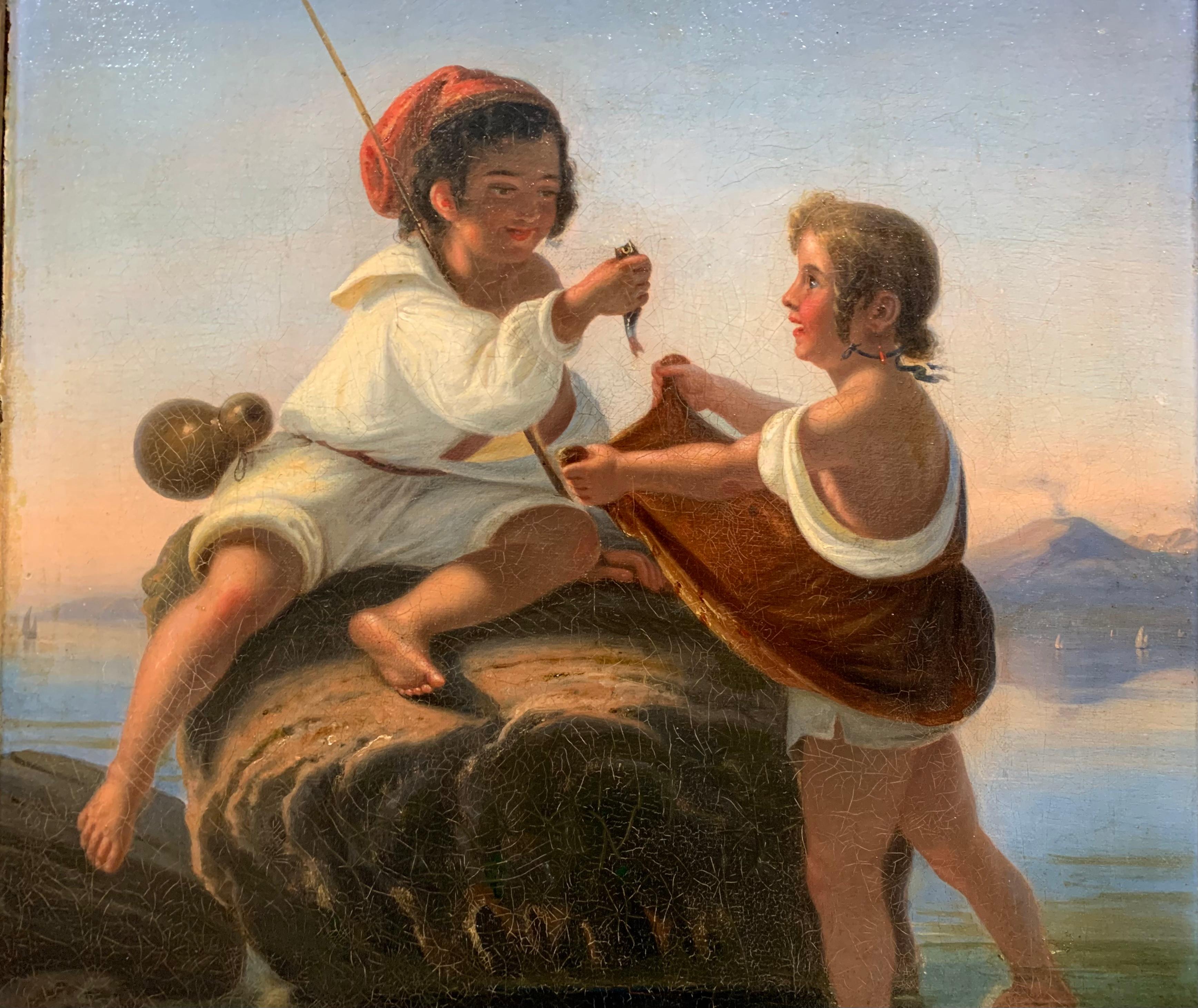 Petits pêcheurs napolitaines. XIXe siècle. Avec le golfe de Naples et le Vésuve en vente 4