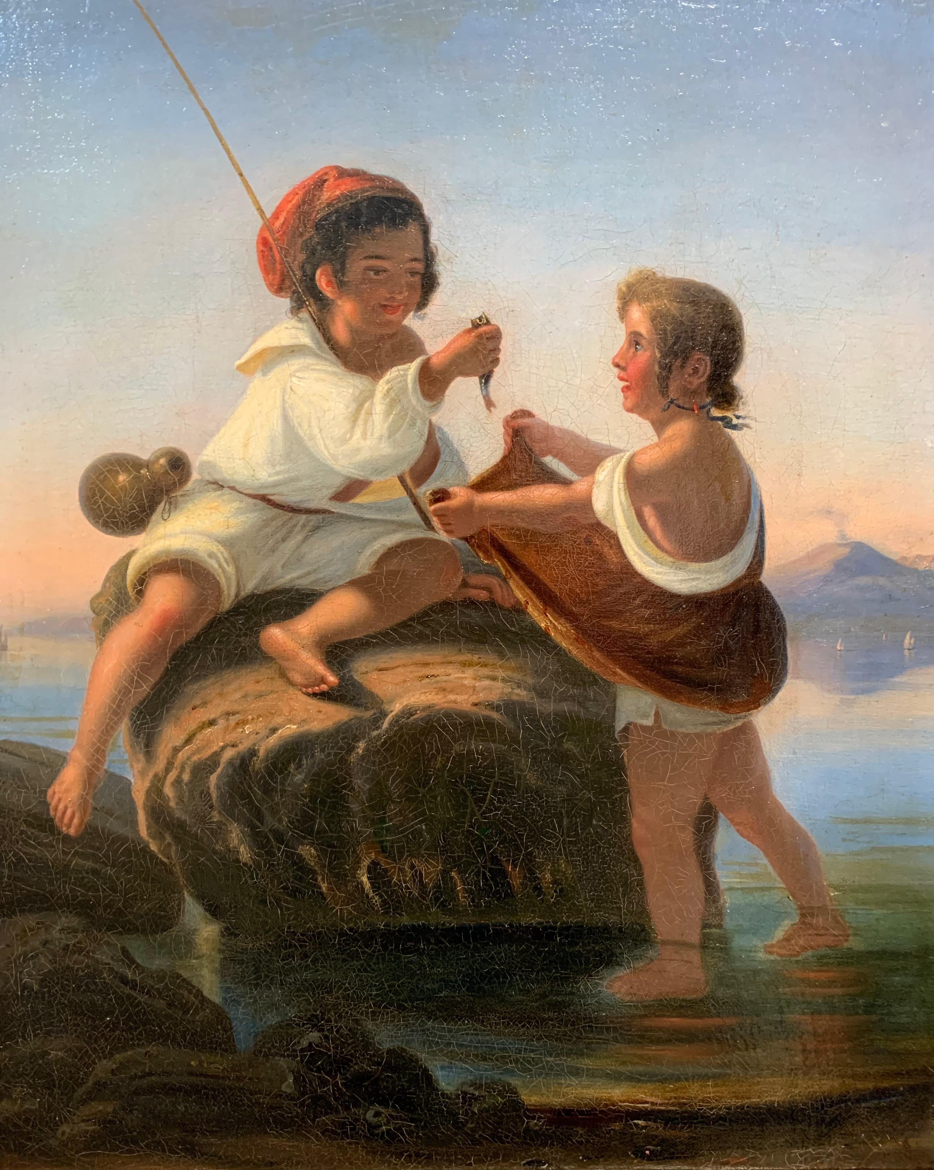 Unknown Landscape Painting - Small Neapolitan fishermen. XIX century. With Gulf of Naples and Vesuvius