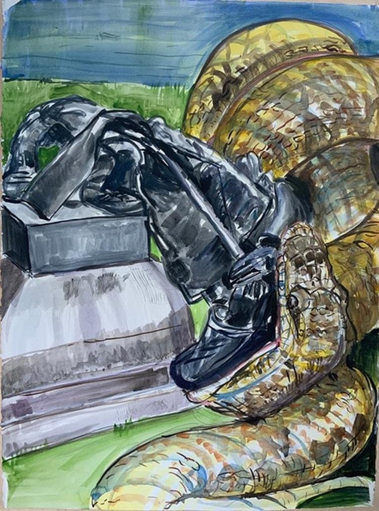 Unknown Figurative Painting – Schlange, die ein Konföderierten-Denkmal verschlingt, Gemälde von Daniel Duford, 2020