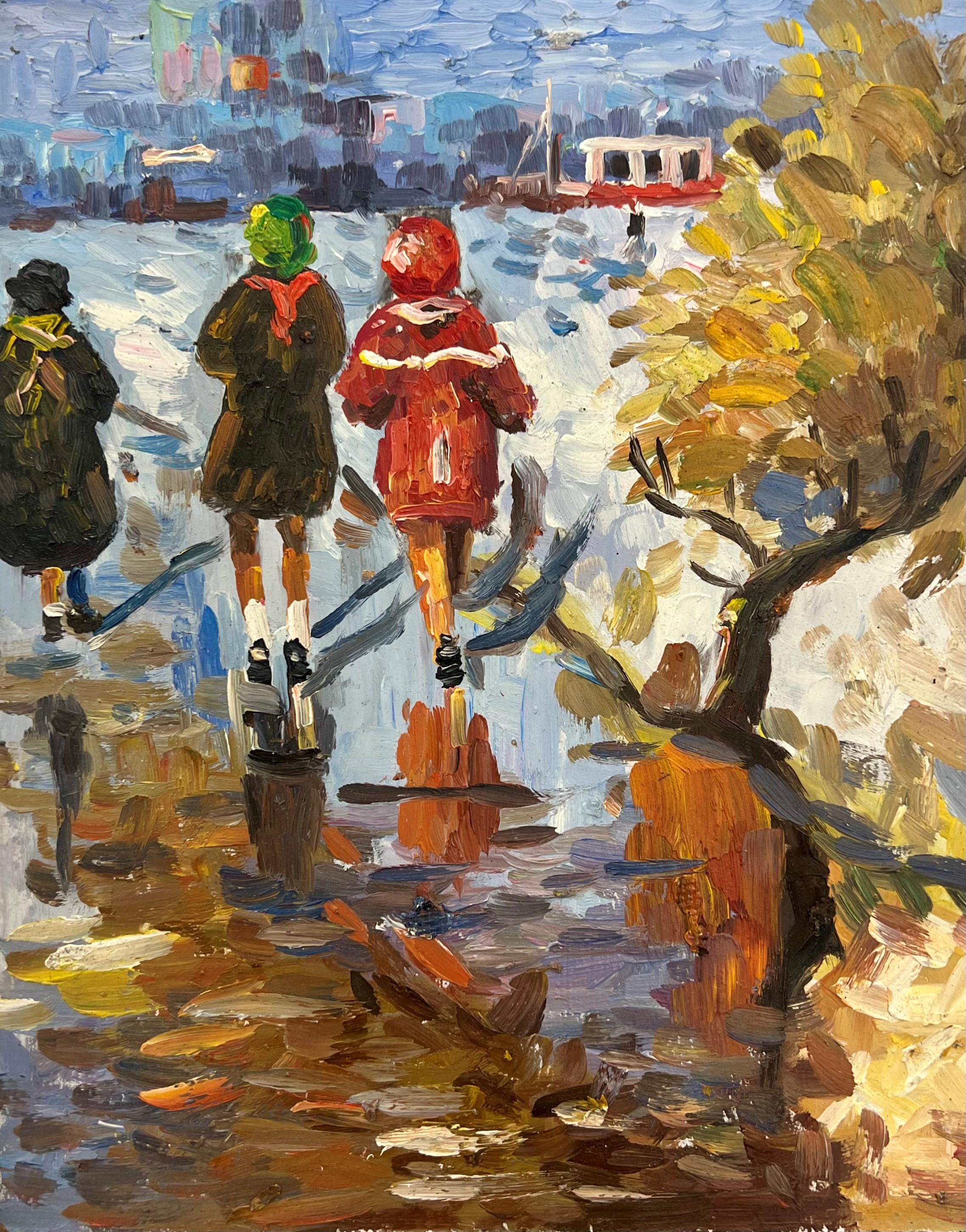 Snow Day, Impressionist Painterly figurative oil painting on board