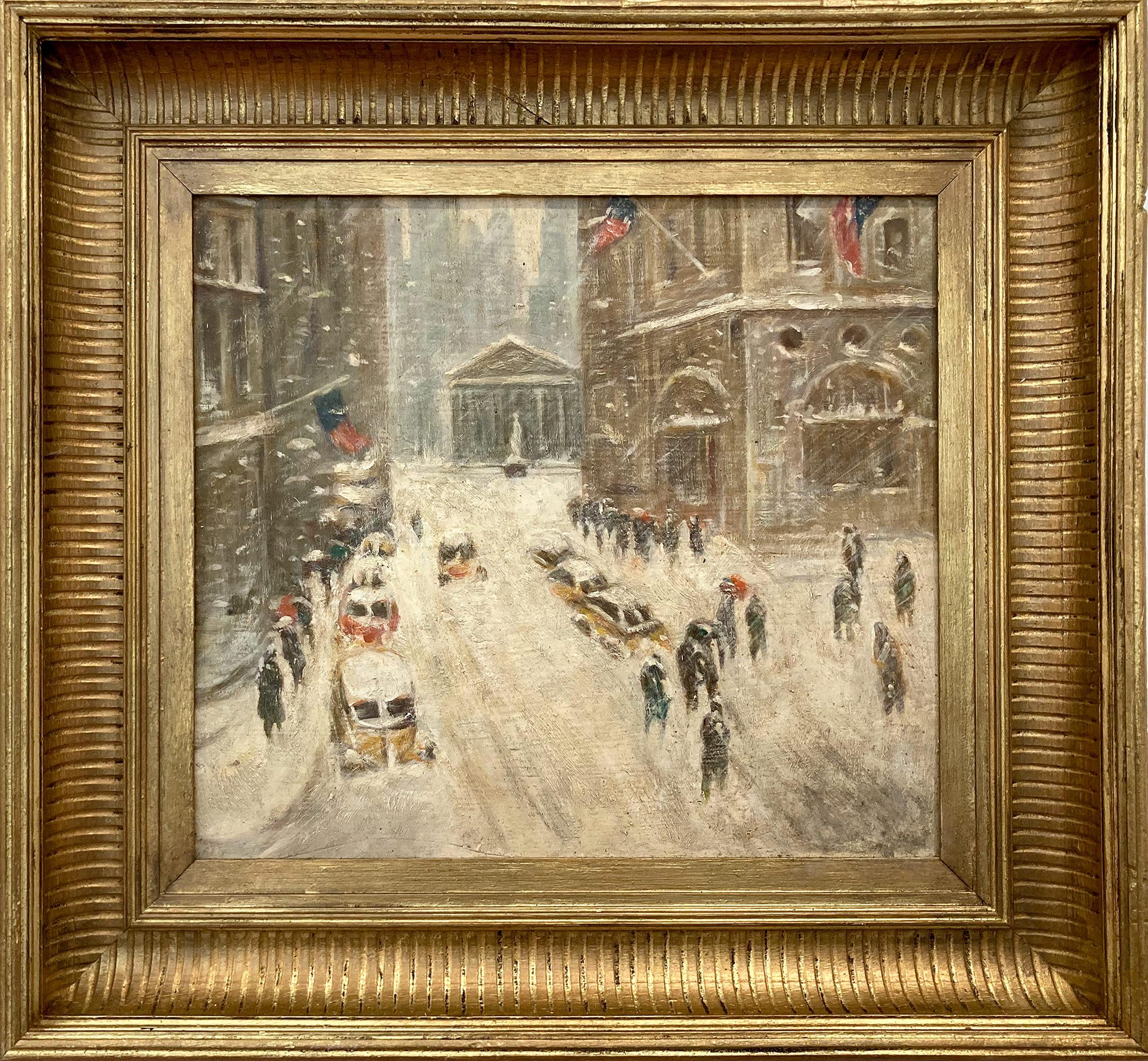 Landscape Painting di Unknown - "Neve Downtown New York" - Paesaggio innevato in stile impressionista alla maniera di Guy Wiggins, con cornice
