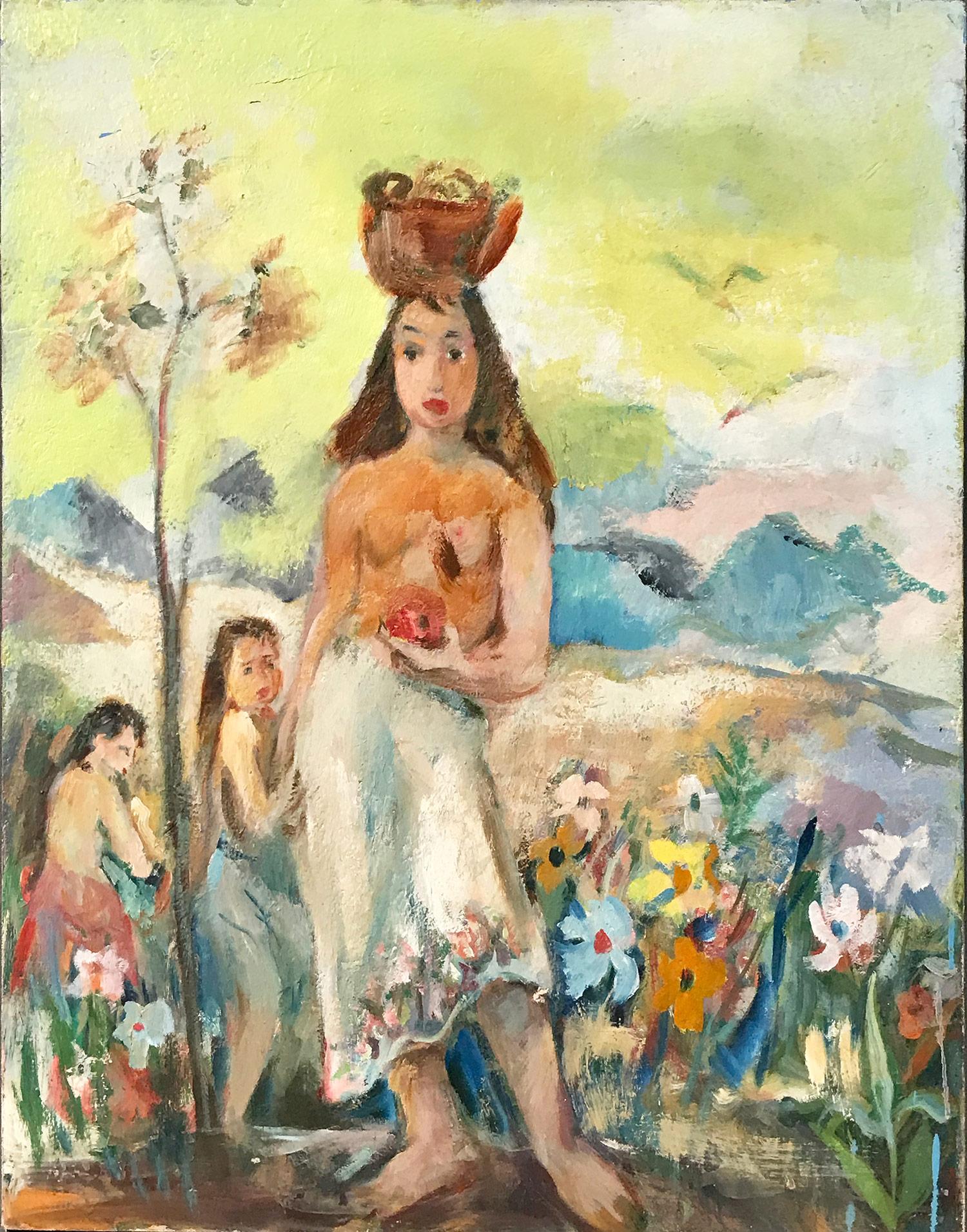 Unknown Figurative Painting - "In the Brush" Mid Century Oil Painting of Figures & Flowers Landscape