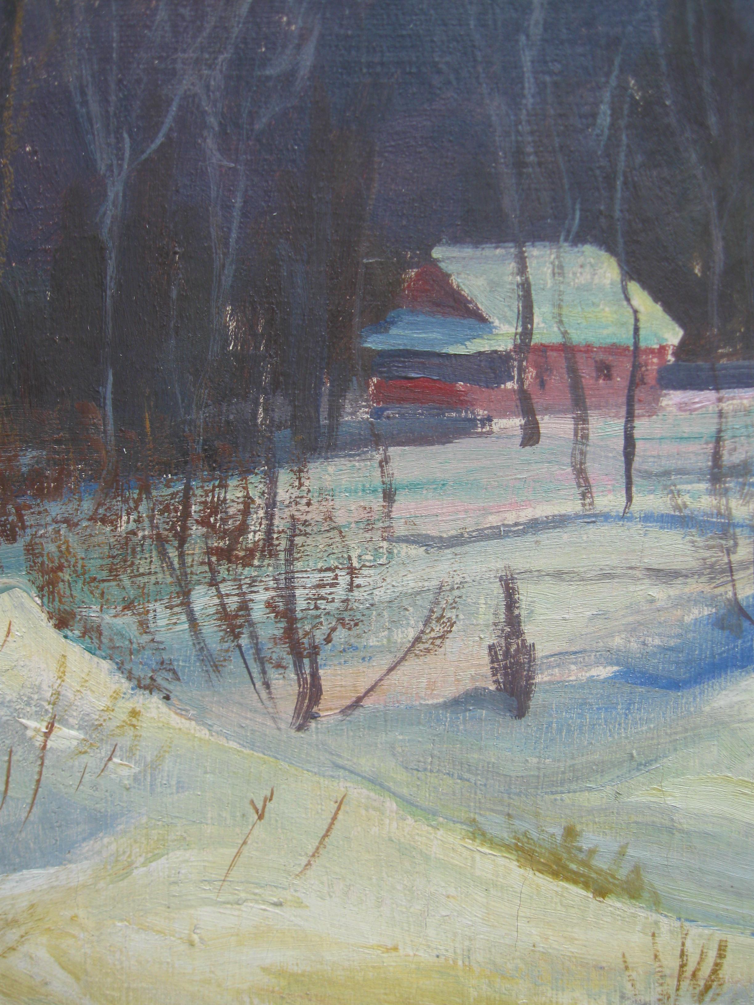 Peinture à l'huile sur toile « Snowdrifts in a Wooded Landscape », vers les années 1950 en vente 5