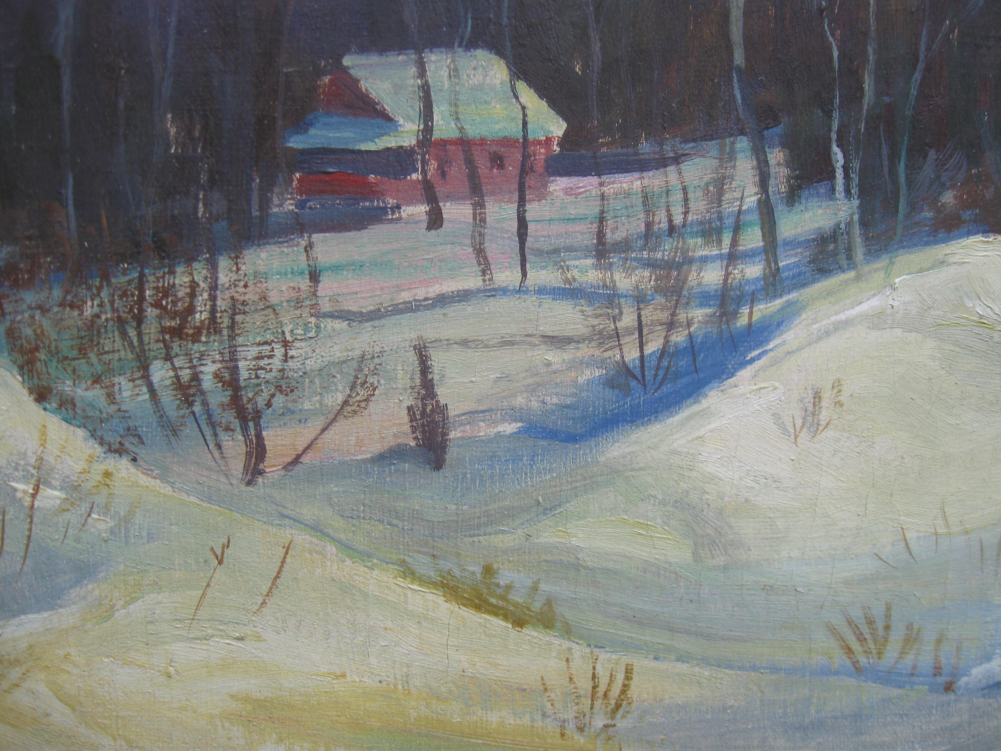 Peinture à l'huile sur toile « Snowdrifts in a Wooded Landscape », vers les années 1950 en vente 6