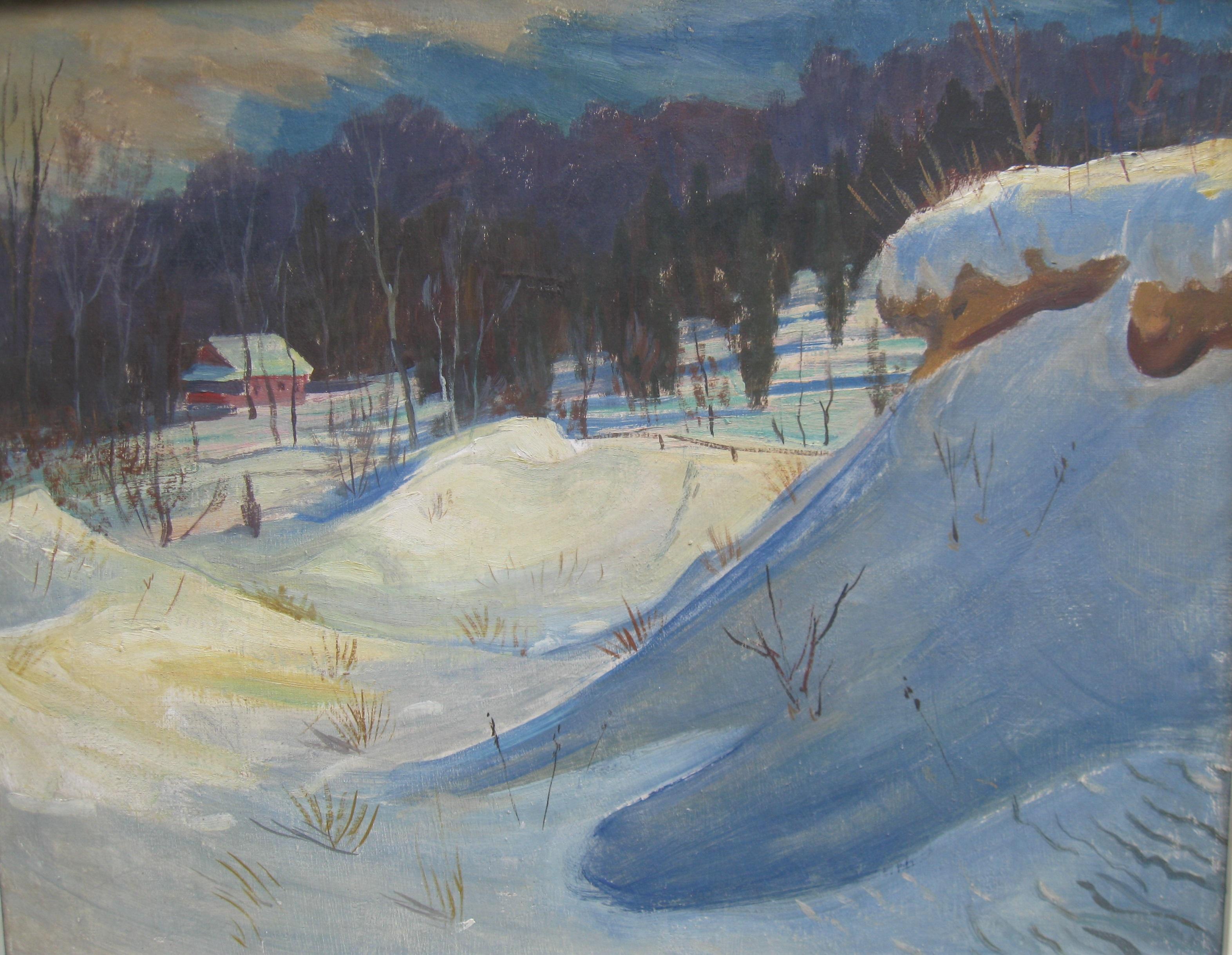 Schneedriften in einer bewaldeten Landschaft, Öl auf Leinwand, ca. 1950er Jahre – Painting von Unknown