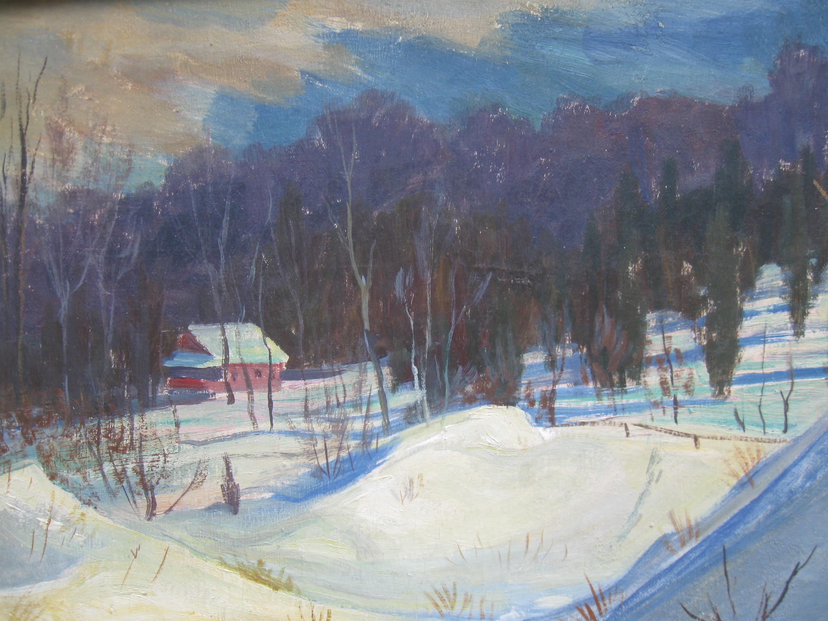 Schneedriften in einer bewaldeten Landschaft, Öl auf Leinwand, ca. 1950er Jahre (Impressionismus), Painting, von Unknown
