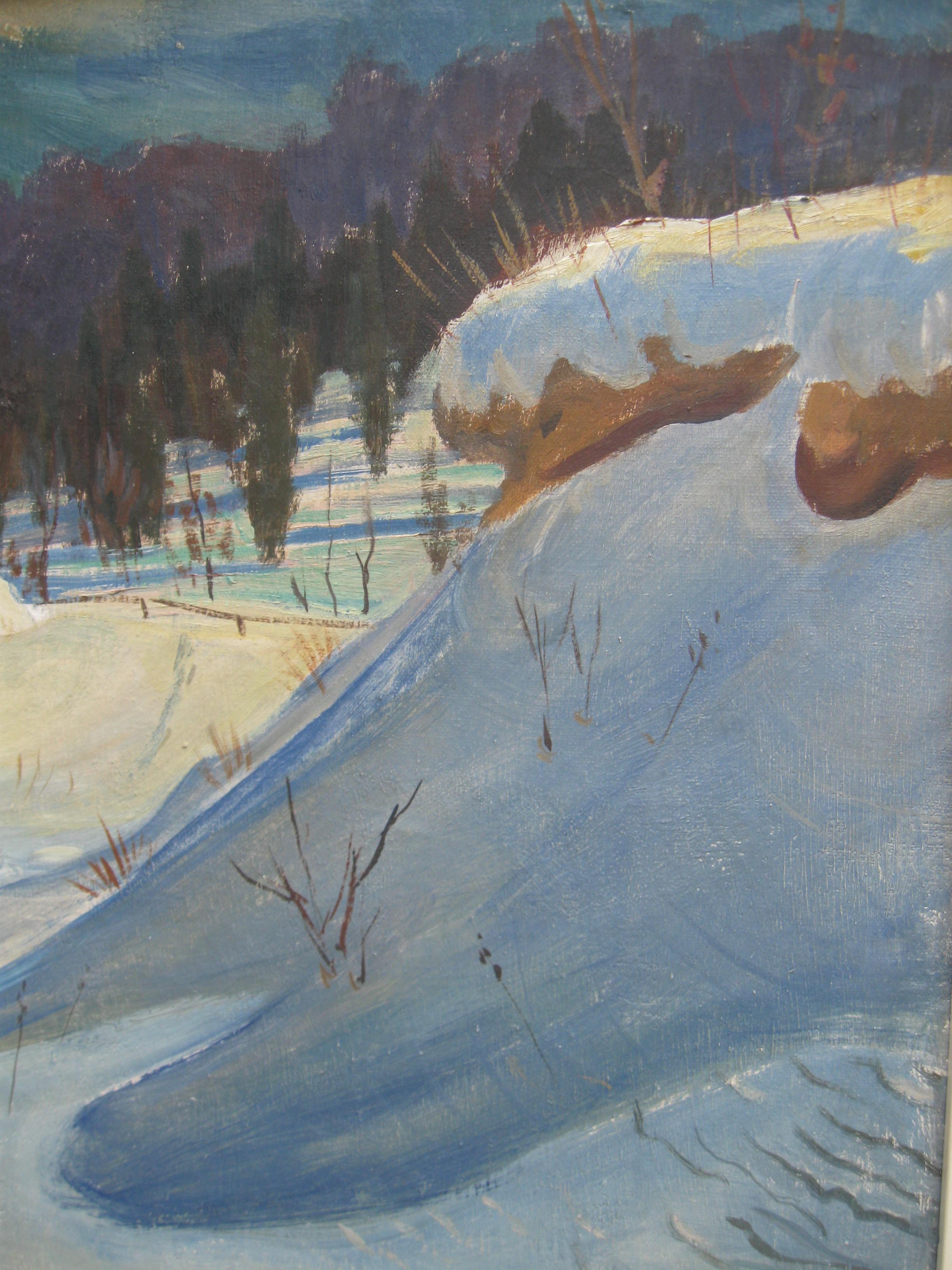 Peinture à l'huile sur toile « Snowdrifts in a Wooded Landscape », vers les années 1950 - Gris Landscape Painting par Unknown