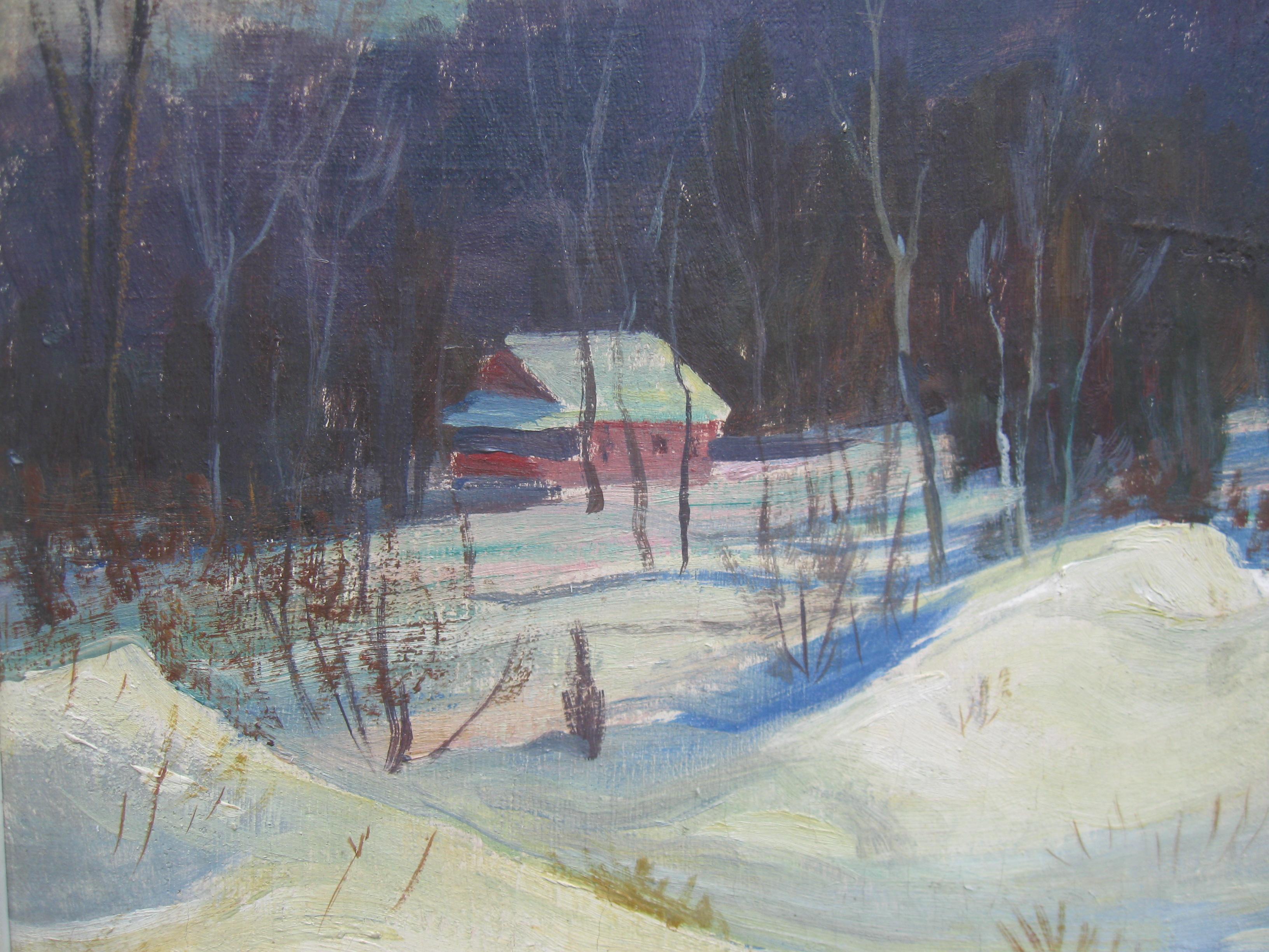 Wunderschönes postimpressionistisches Öl auf Leinwand mit sonnenbeschienenen Schneeverwehungen in einer bewaldeten Landschaft mit einer Hütte im Hintergrund. Um 1950.
öl auf Leinwand 40cmx50cm
der Originalrahmen 52cmx62cm
Wunderbare Wirksamkeit der
