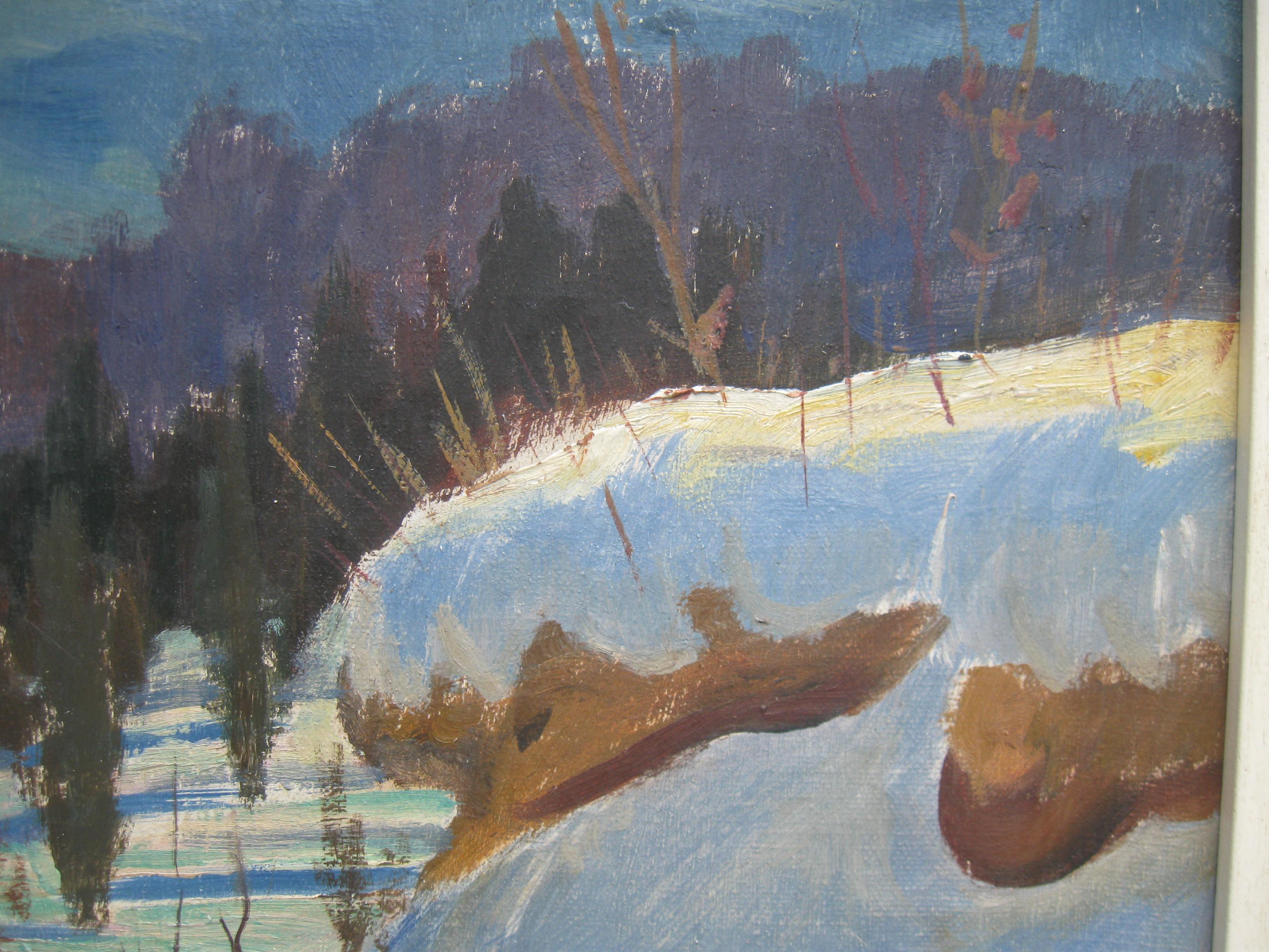 Peinture à l'huile sur toile « Snowdrifts in a Wooded Landscape », vers les années 1950 en vente 1