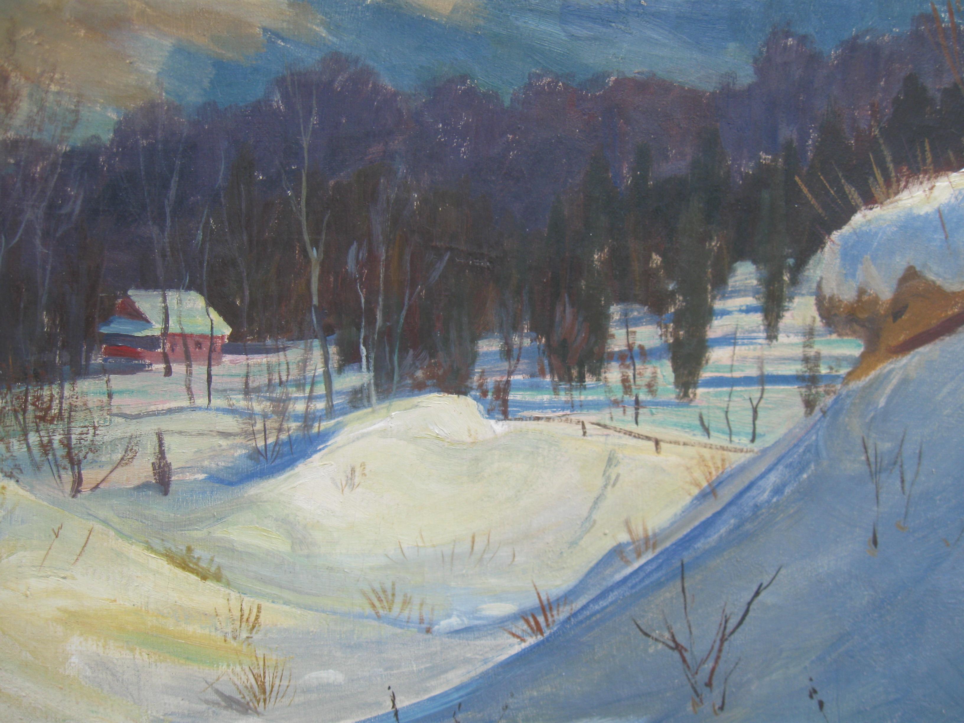 Schneeverwehungen in einer bewaldeten Landschaft Öl auf Leinwand um 1950 im Angebot 2
