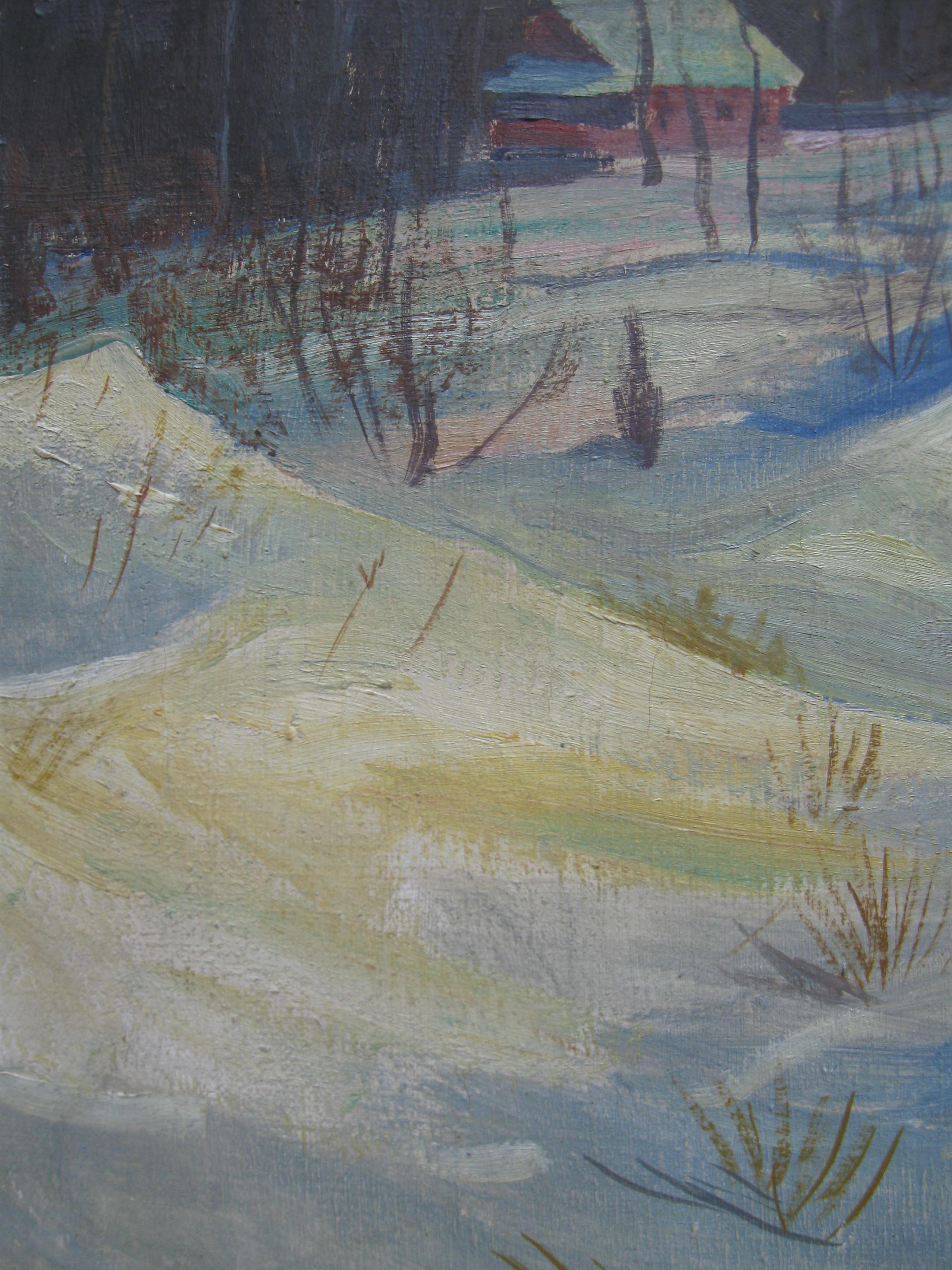 Peinture à l'huile sur toile « Snowdrifts in a Wooded Landscape », vers les années 1950 en vente 3