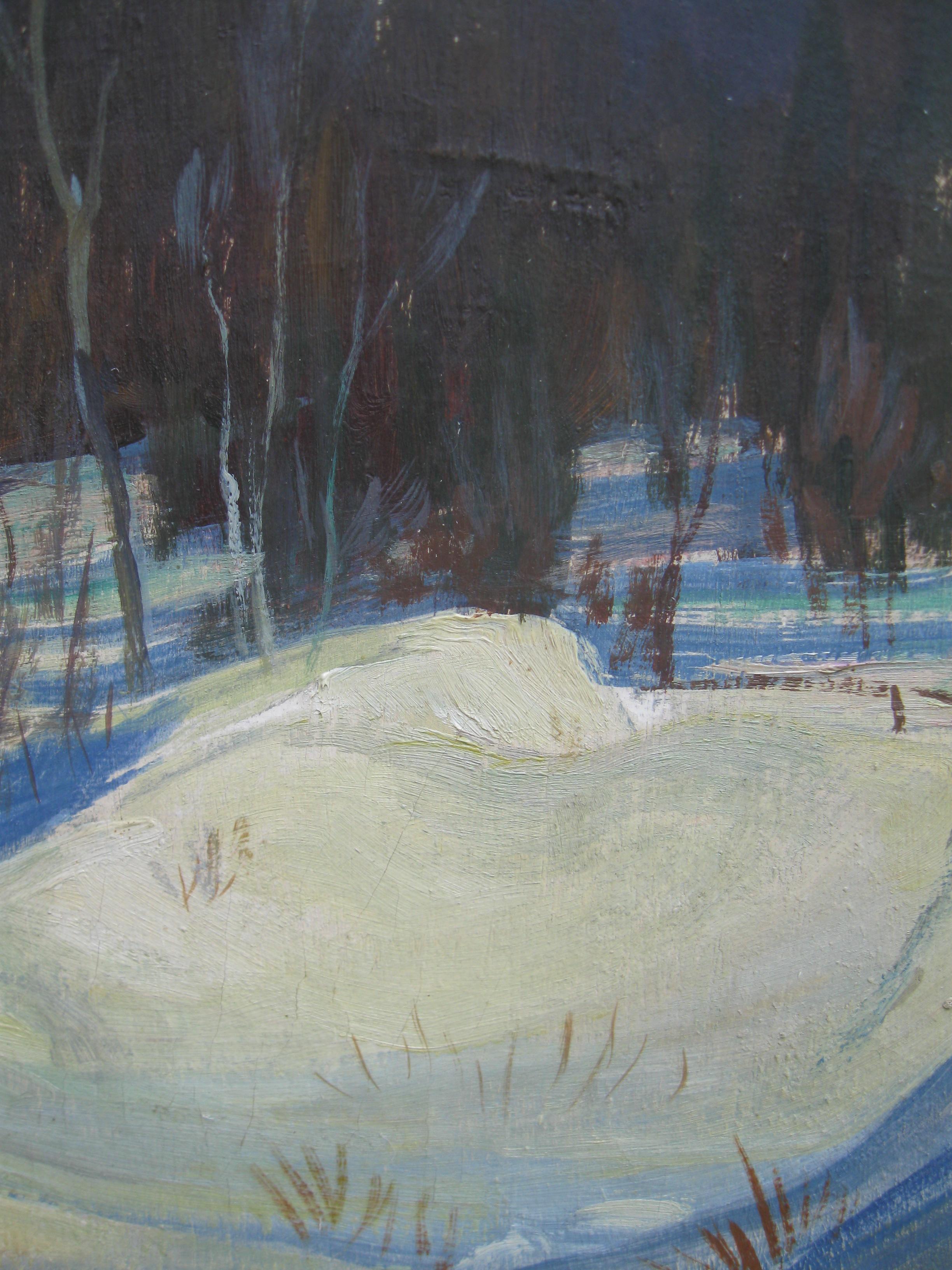 Schneeverwehungen in einer bewaldeten Landschaft Öl auf Leinwand um 1950 im Angebot 4