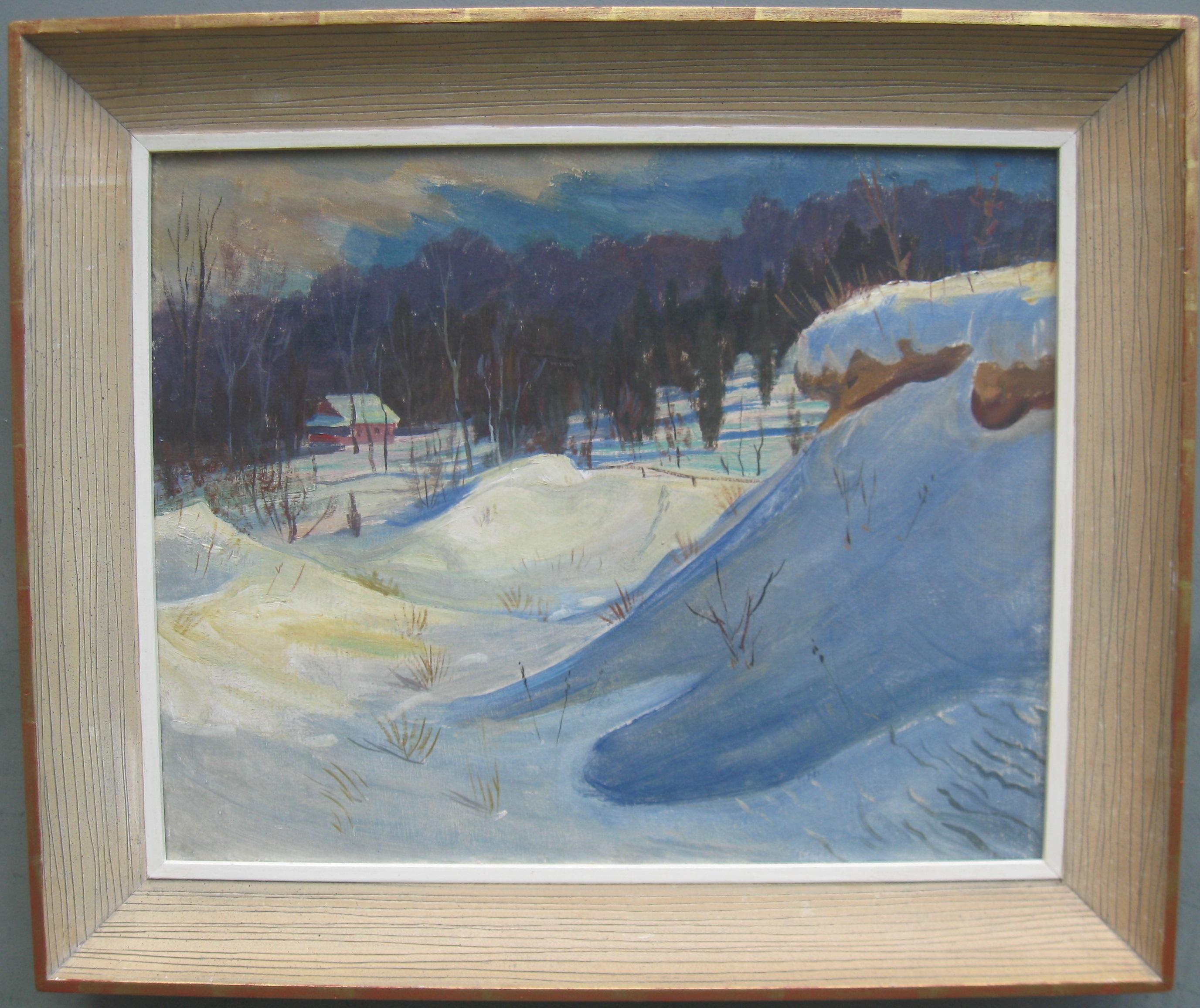 Landscape Painting Unknown - Peinture à l'huile sur toile « Snowdrifts in a Wooded Landscape », vers les années 1950
