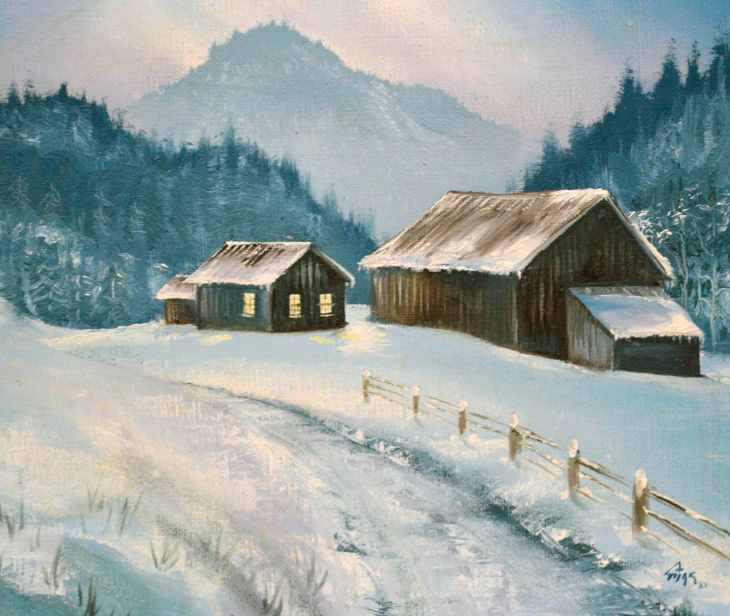 Snowy Farm - Winter Cabin Landscape  - Painting by Unknown