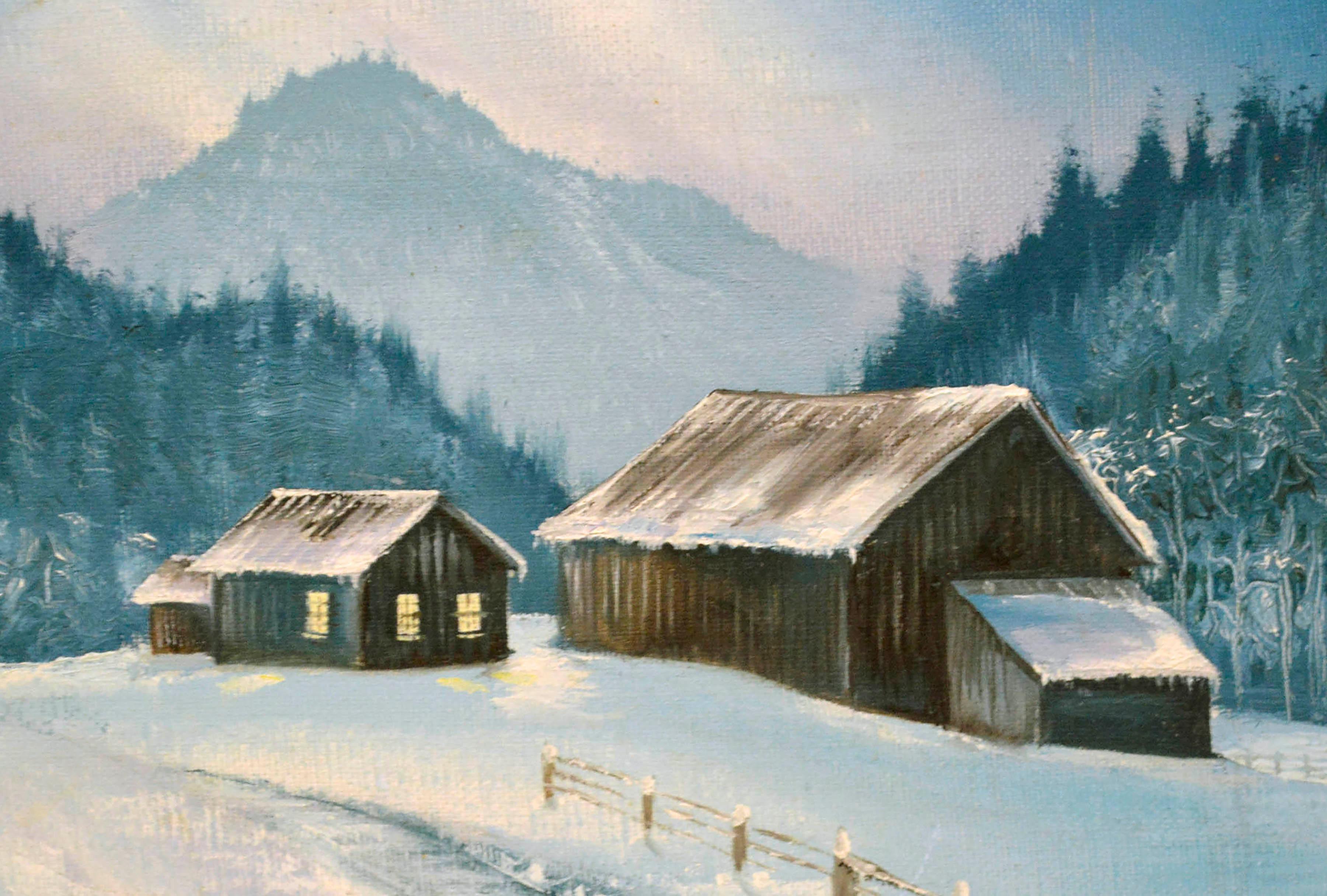 snowy cabin in the woods painting