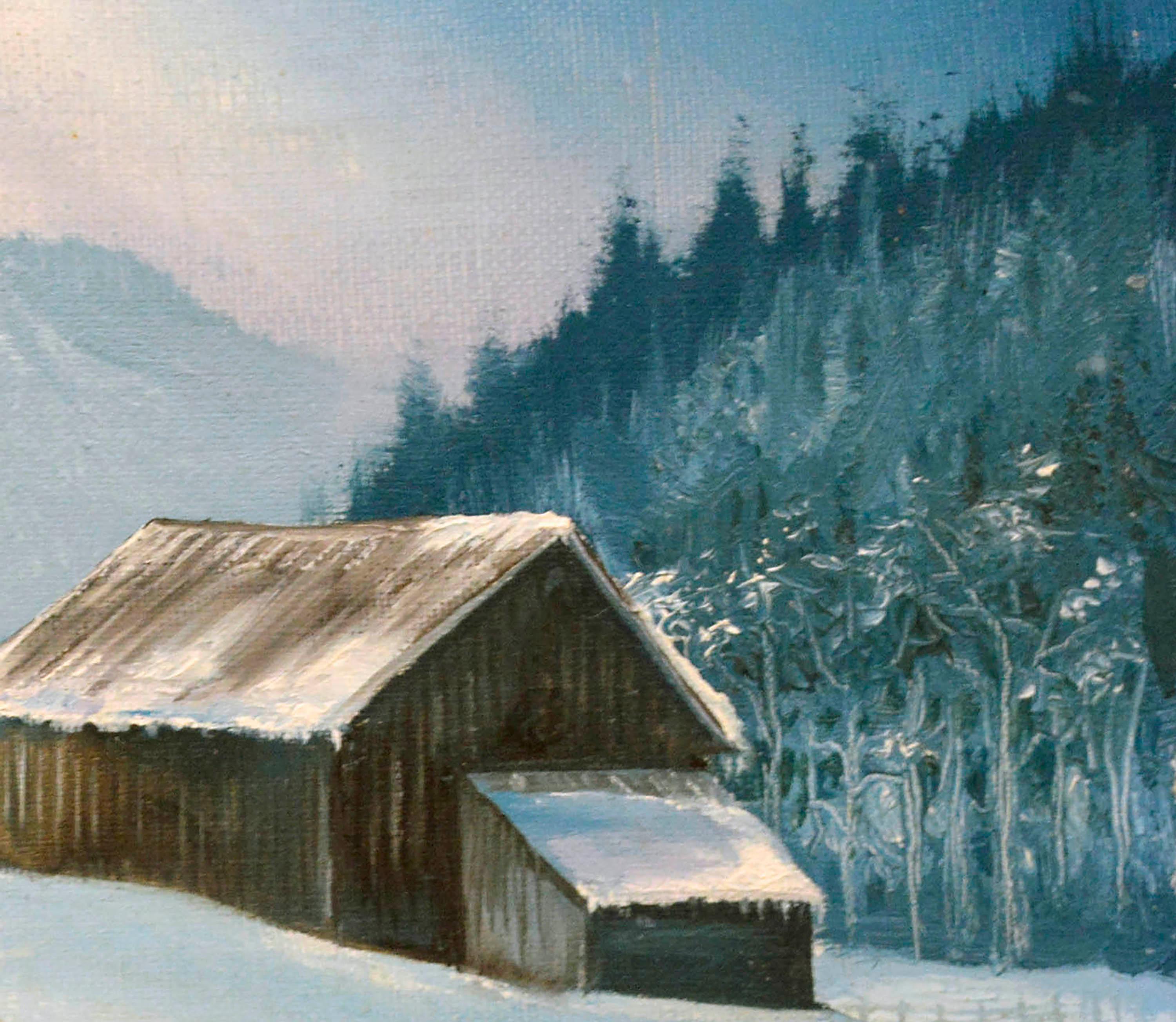 snowy landscape with cabin
