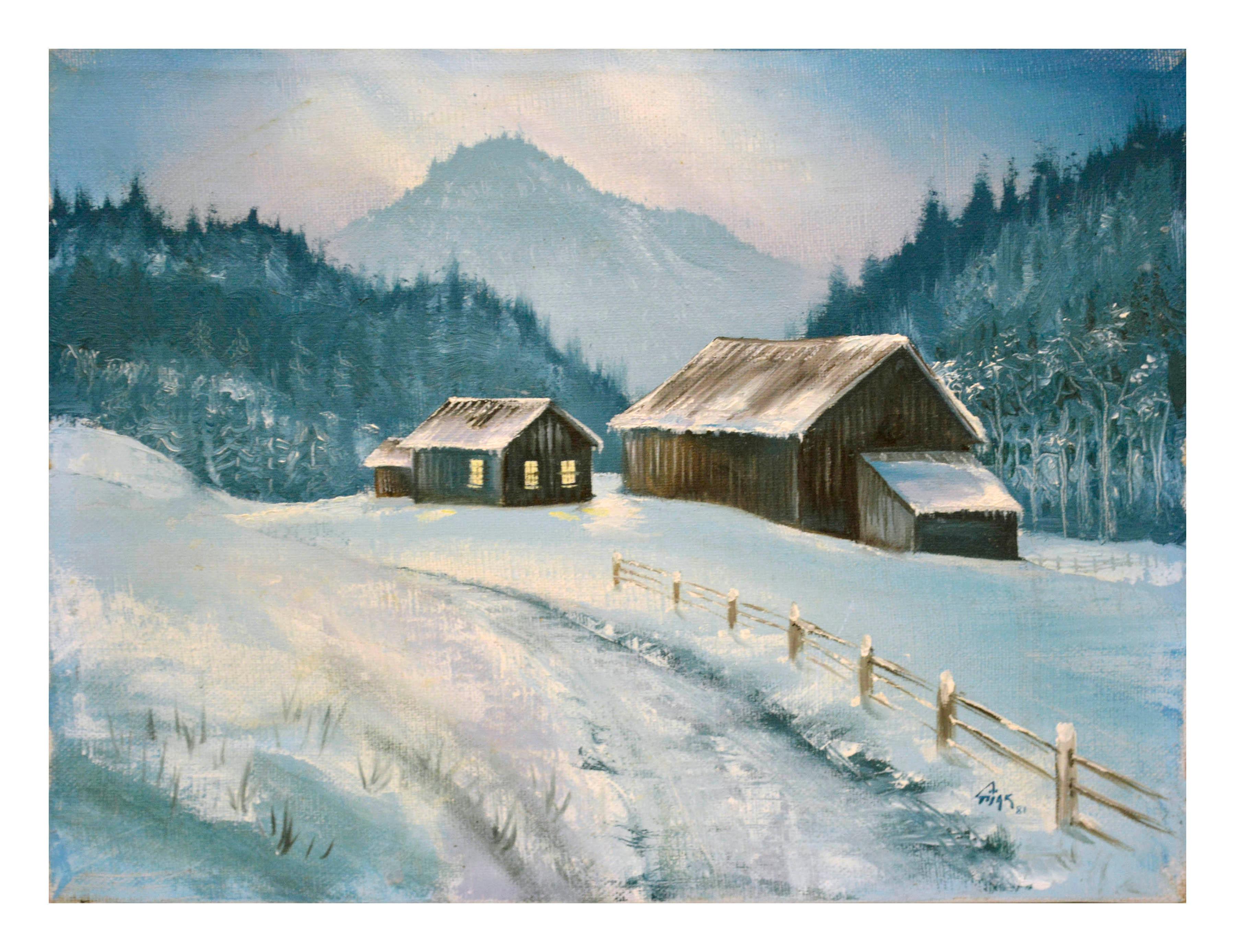 Unknown Landscape Painting - Snowy Farm - Winter Cabin Landscape 
