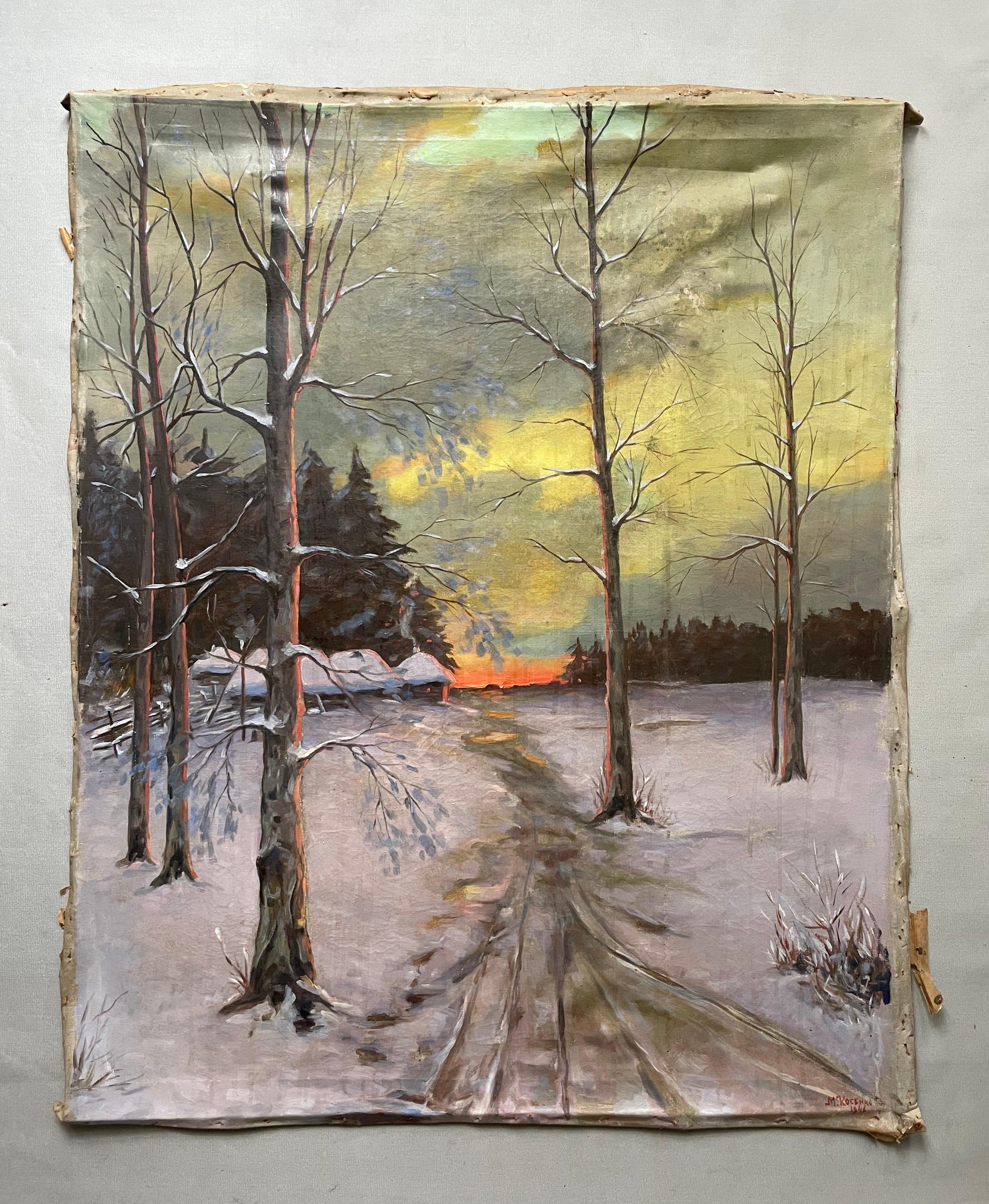 Paisaje nevado, Russian School, Firma para identificar, Gran formato - Painting de Unknown