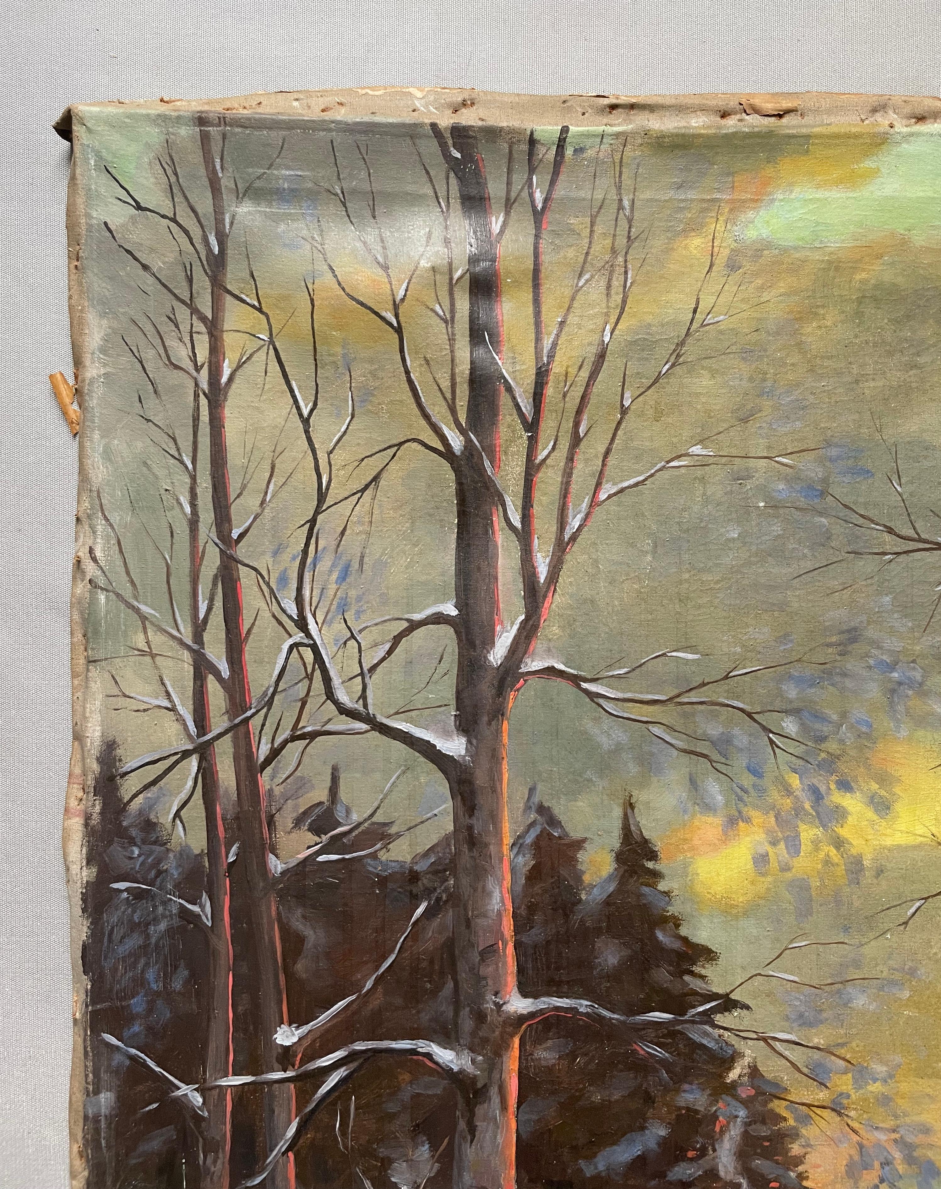 Paisaje nevado.
Russian School.
Óleo sobre lienzo firmado y fechado en 1946.
Firma a identificar.
Lienzo sin bastidor.
Pequeñas grietas, pequeñas pérdidas de pintura, suciedad.
88.5 x 72 cm.
El lienzo se enviará enrollado.