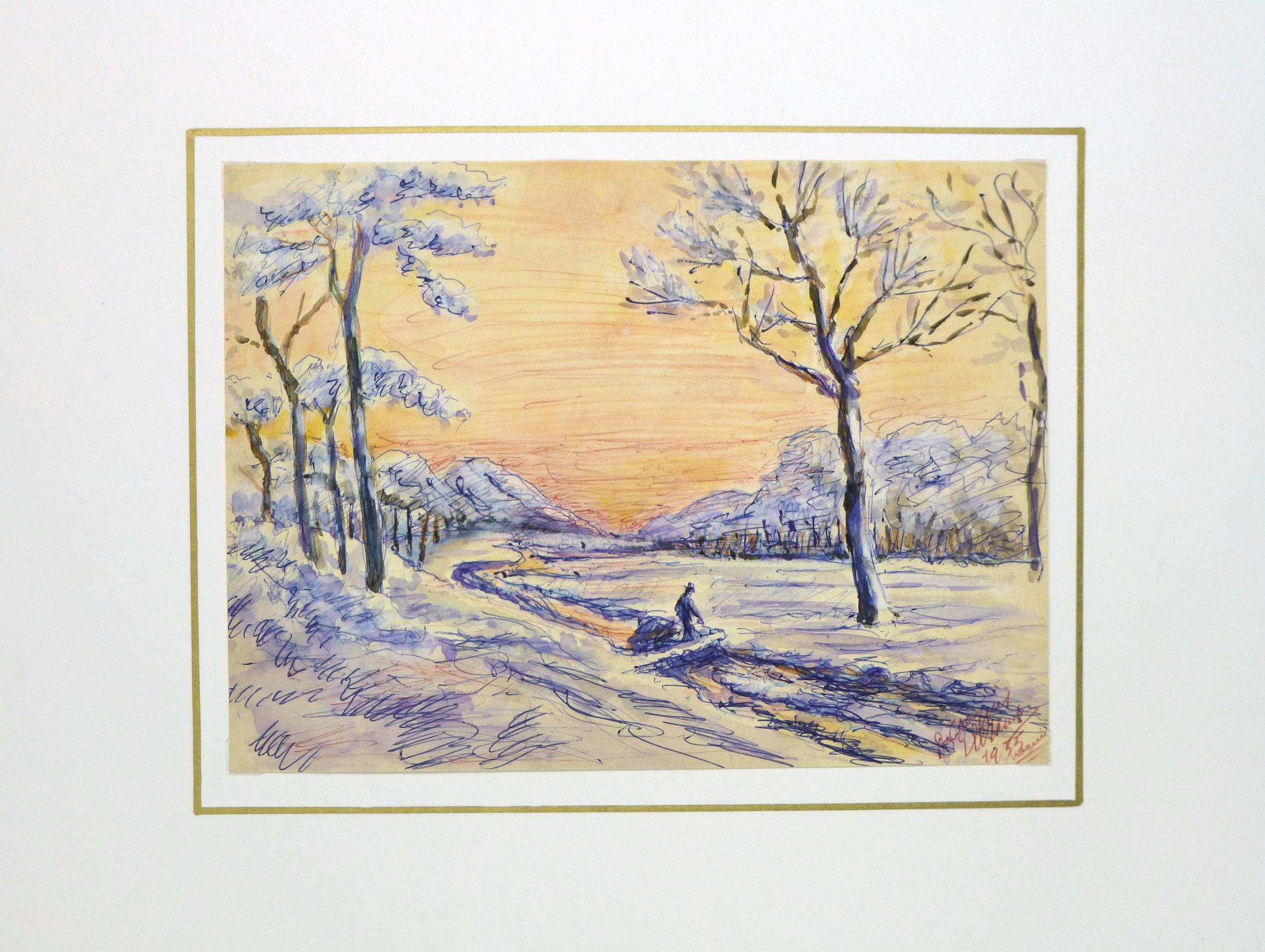 Paisaje nevado de invierno con hermosos árboles cubiertos de nieve color lavanda y cielo color coral - Landscape Painting Beige de Unknown