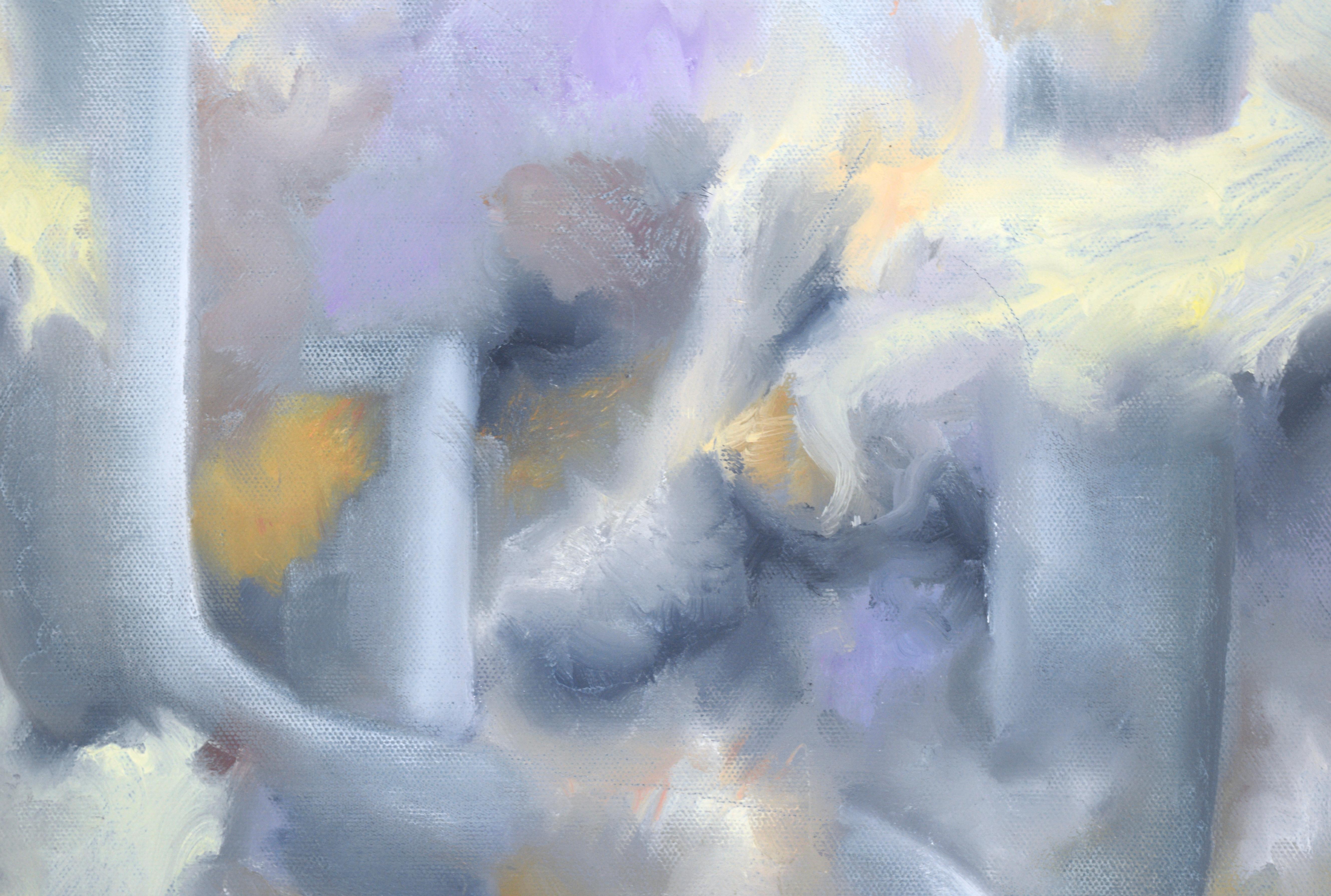 Soft abstract composition by an unknown artist (20th Century). There are grey tubular shapes in the center of the composition, surrounded by puffy, fluid patches of color.

Signed 