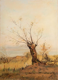 Solitary Tree by the Lakeside in Autumn Field, Post-Impressionist Landscape