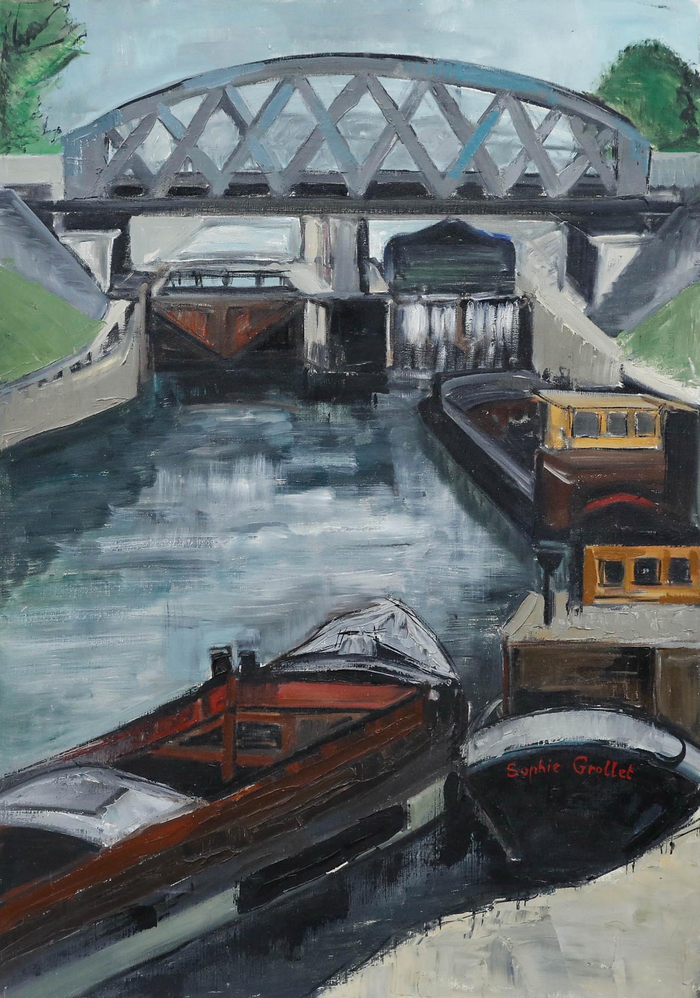 Sophie Grollet - French mid 20th Century Óleo, Esclusa de Saint Denis - Painting de Unknown