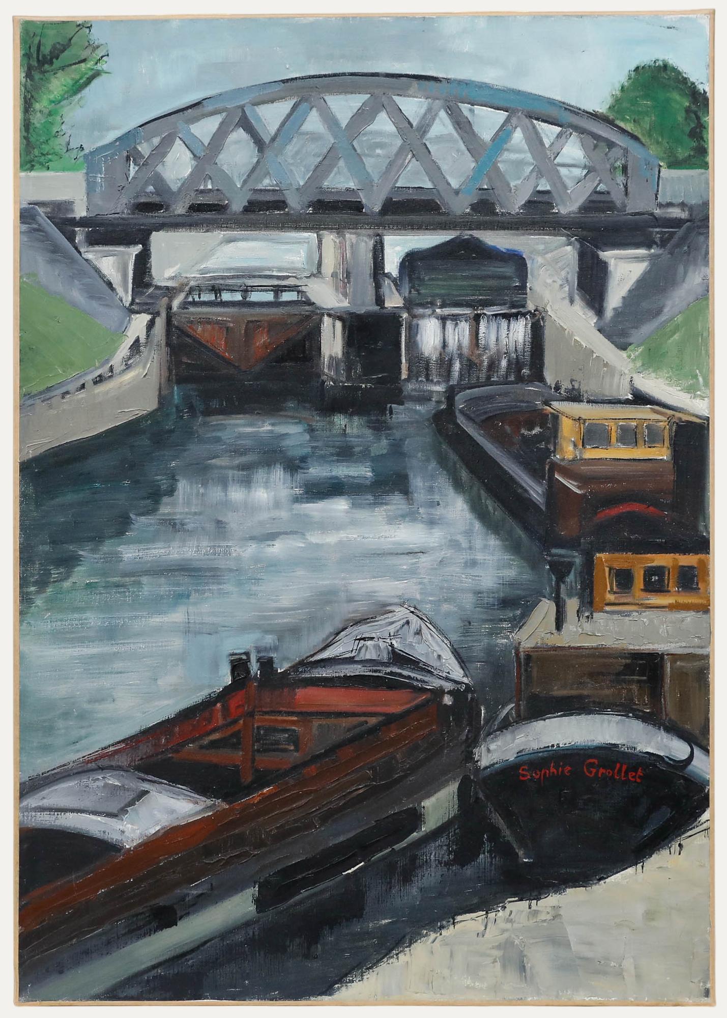 Landscape Painting de Unknown - Sophie Grollet - French mid 20th Century Óleo, Esclusa de Saint Denis