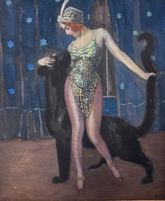 "Soubrette con pantera" Tempera cm. 15 x 19 1920 ca Siglato E.K.