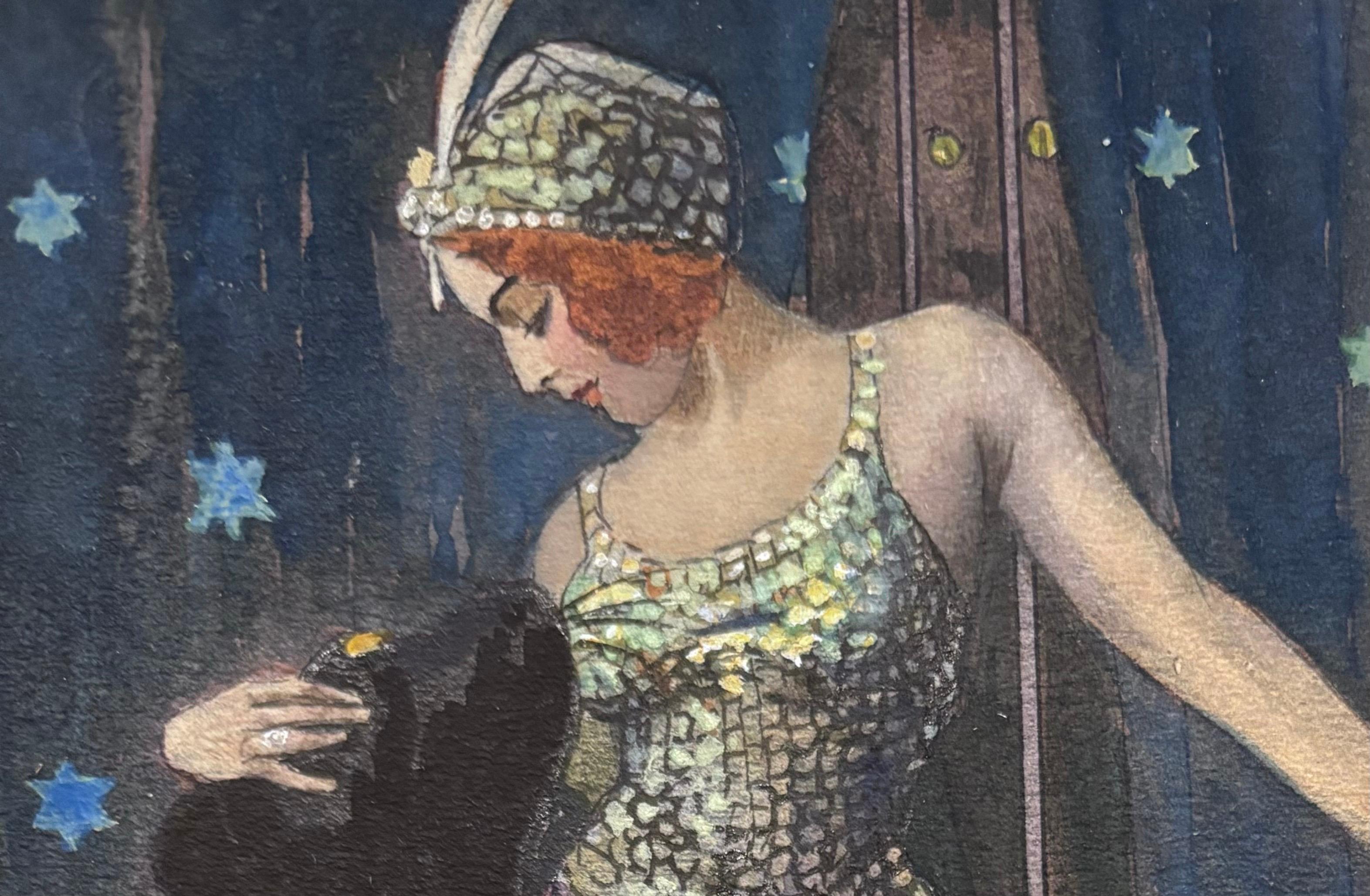 Bellissima opera siglata E.K. 
Cornice decò 
Figura di donna ,Soubrette o Circense con pantera e sullo sfondo un leone dietro le tende
Classico soggetto anni 20 Deco
Forse per illustrazione