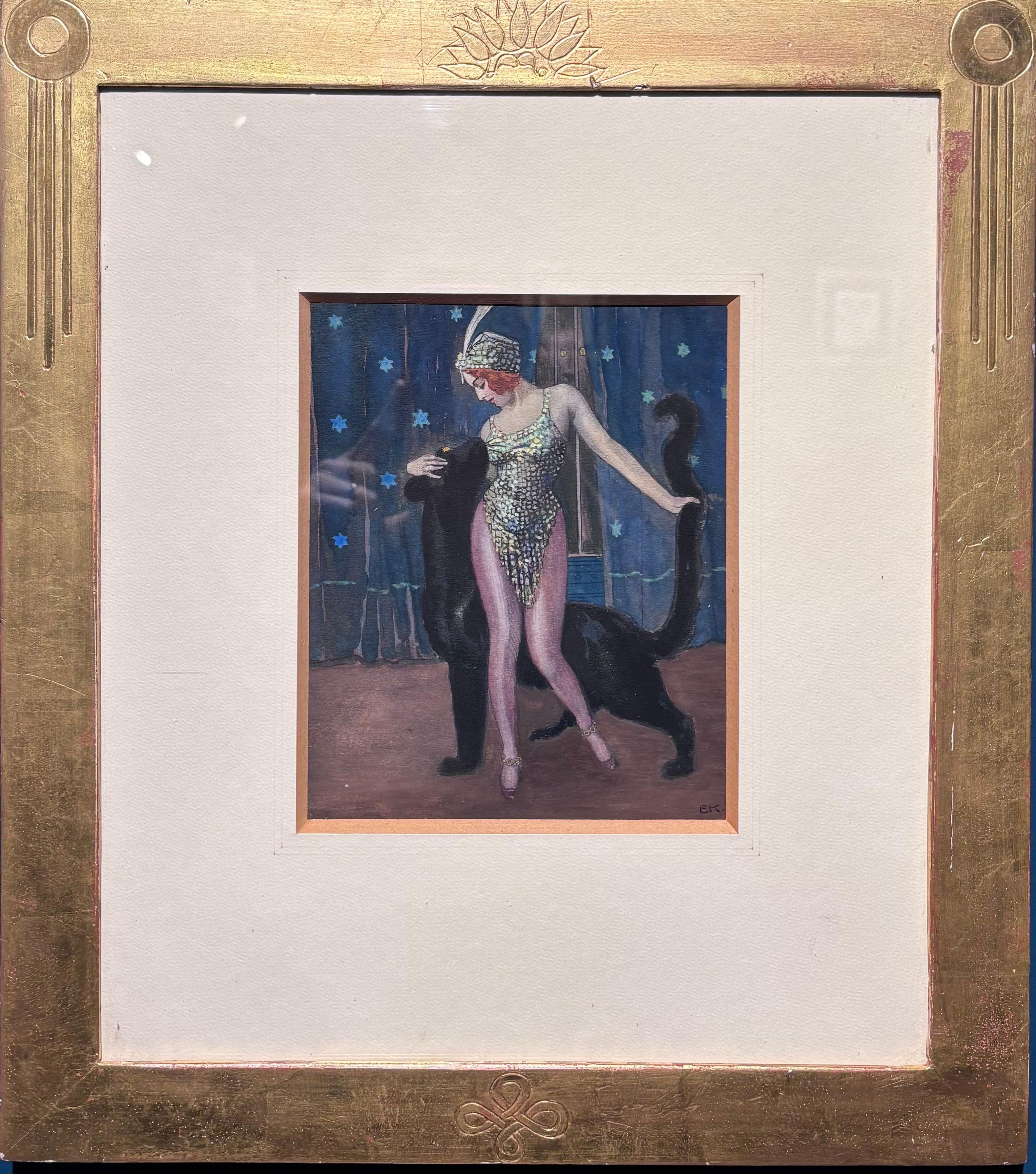 Unknown Figurative Painting - "Soubrette con pantera " Tempera cm. 15 x 19 1920 ca Siglato E.K.