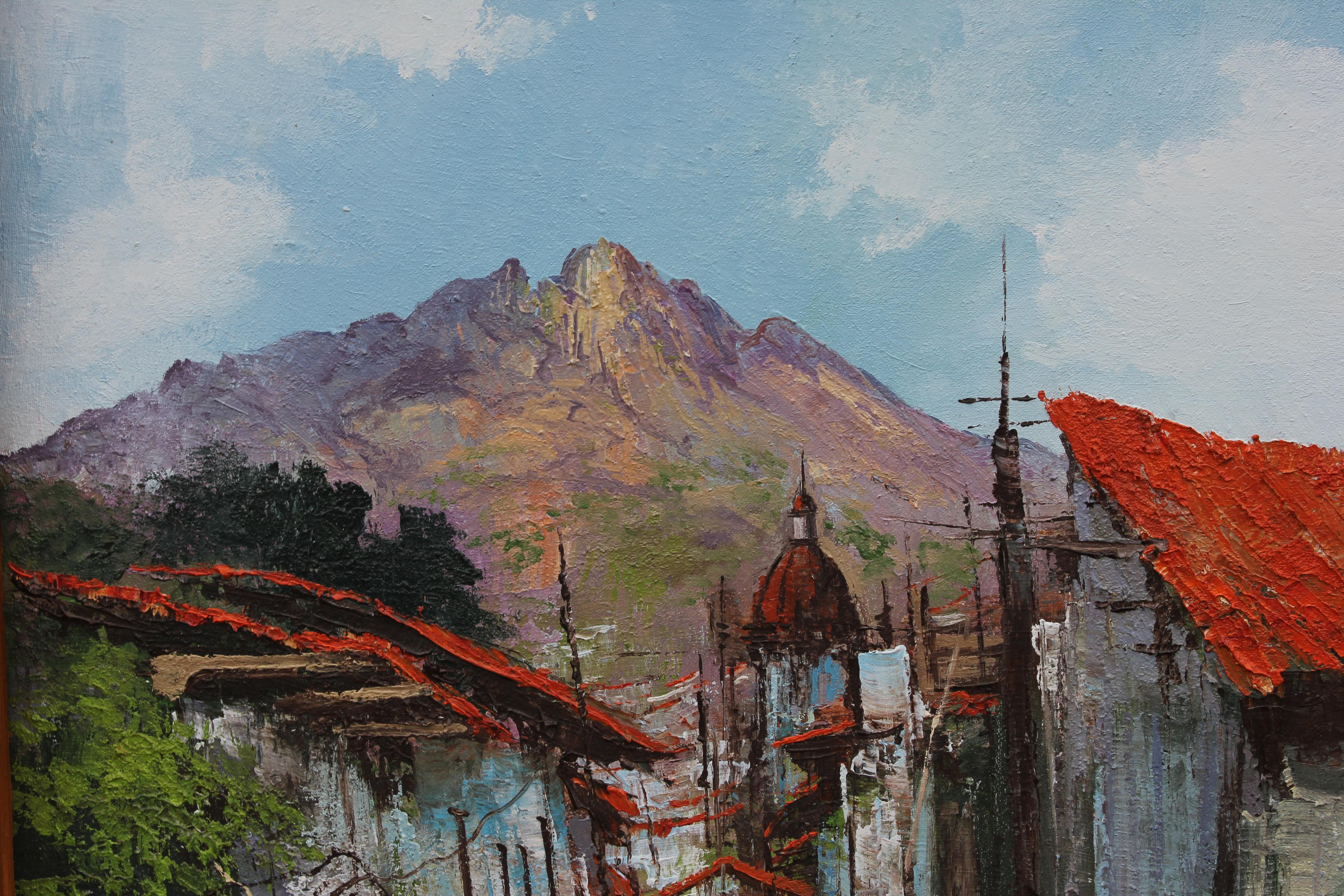 South American Landscape View of a Town - Brown Figurative Painting by Unknown