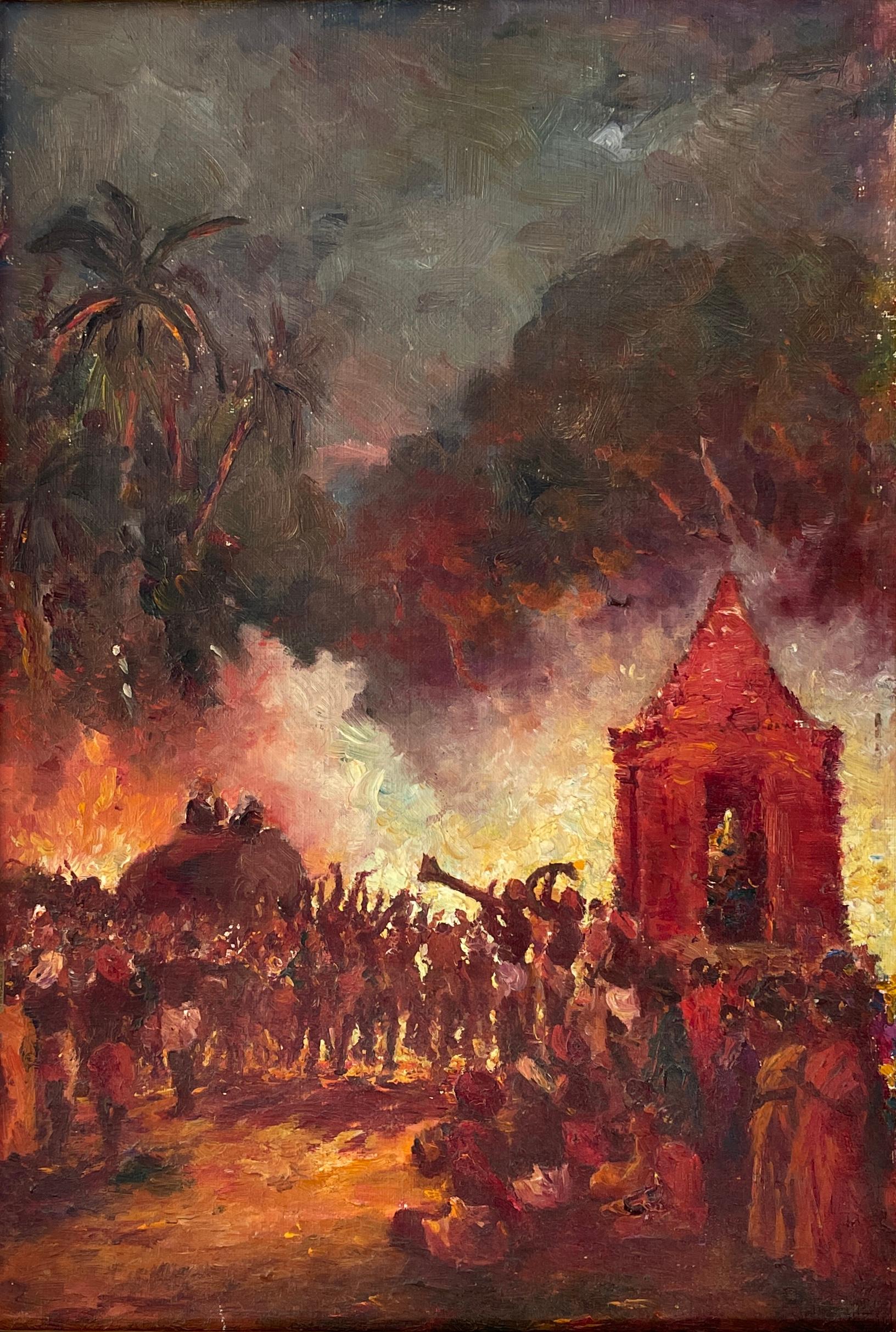 South Indian Oil on Canvas Painting Late 19th Early 20th Century Festival Night 9
