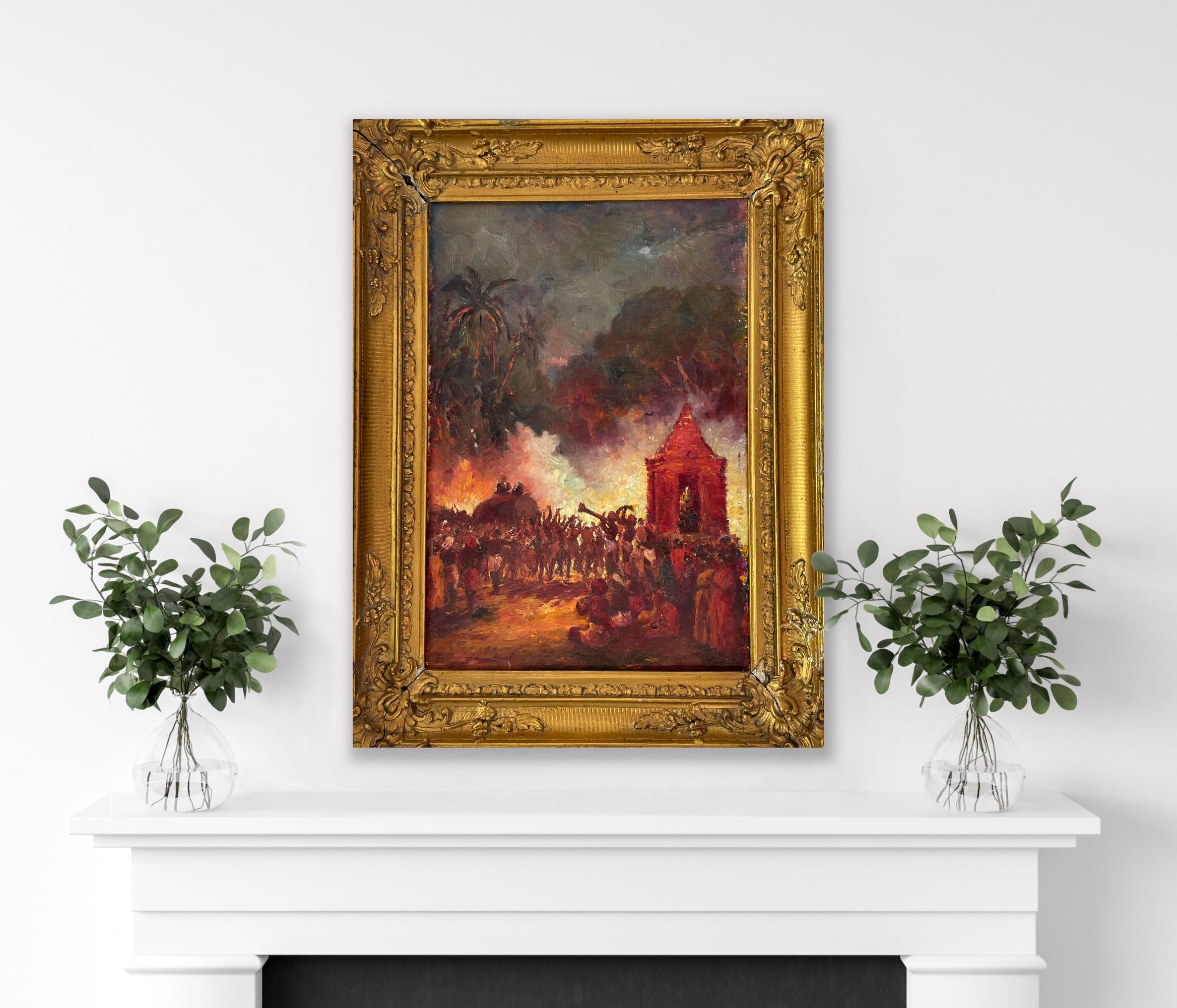 South Indian Oil on Canvas Painting Late 19th Early 20th Century Festival Night 13